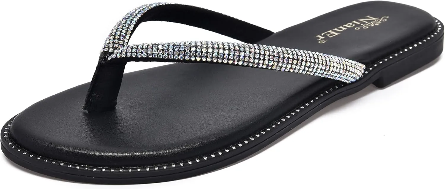 NianEr Womens Microfiber Leather Comfort Foam Rhinestone Glitter Sparkly Dress Flip Flop Sandals Summer Cute Flat Slides