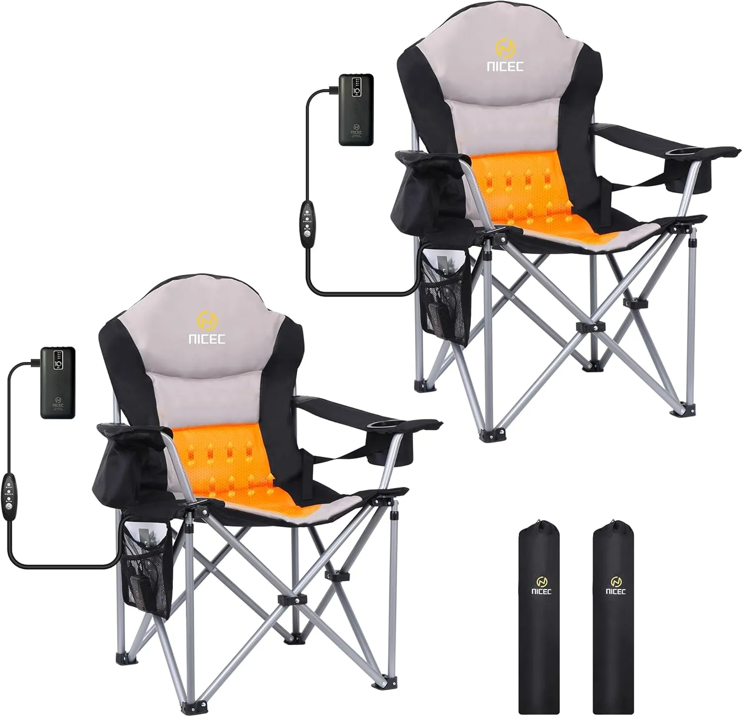 Nice C Heated Camping Chair with Battery, Outdoor Heated Chair, Heated Camping Chairs for Adults, Folding Chair, Beach Chair, Heavy Duty Cooler, Carry Bag, 10000mAh Power Bank Included (2 Pack)