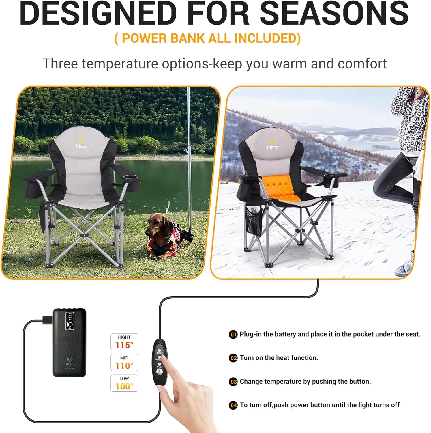 Nice C Heated Camping Chair with Battery, Outdoor Heated Chair, Heated Camping Chairs for Adults, Folding Chair, Beach Chair, Heavy Duty Cooler, Carry Bag, 10000mAh Power Bank Included (2 Pack)