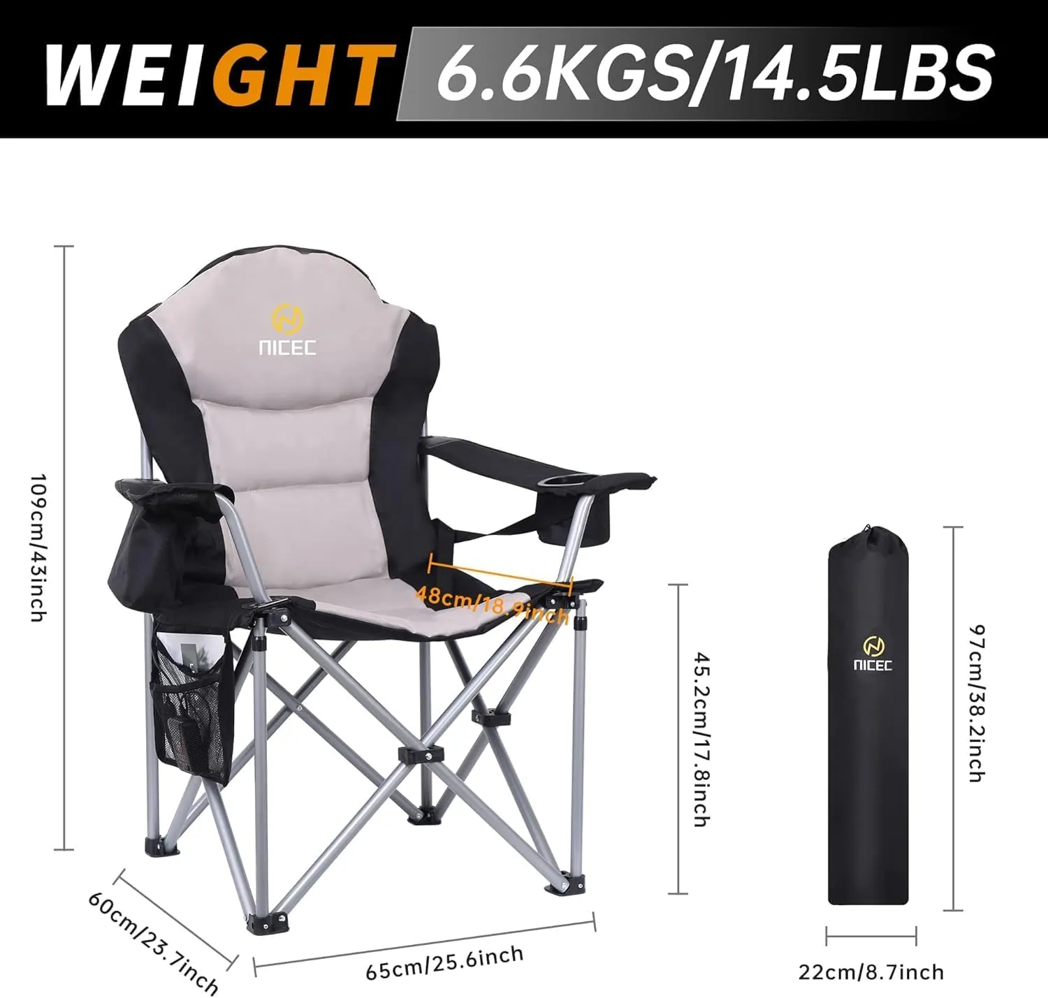 Nice C Heated Camping Chair with Battery, Outdoor Heated Chair, Heated Camping Chairs for Adults, Folding Chair, Beach Chair, Heavy Duty Cooler, Carry Bag, 10000mAh Power Bank Included (2 Pack)