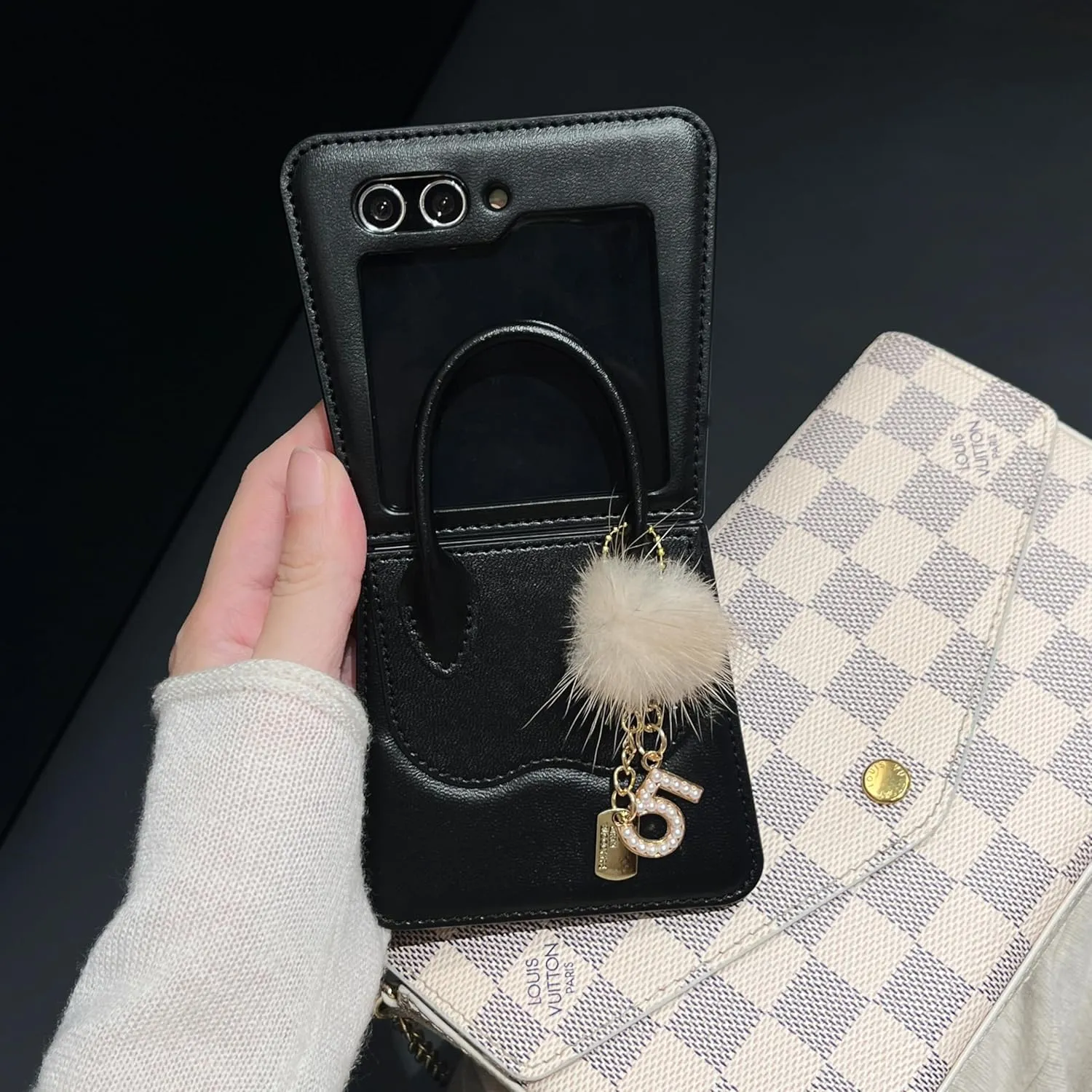 NiceKing for Samsung Galaxy Z Flip 5 Case Luxury Leather Handbag Flip Phone Case Galaxy Z Flip5 Cute Girls Women Samsung Flip Z5 Protective Cover (Black)