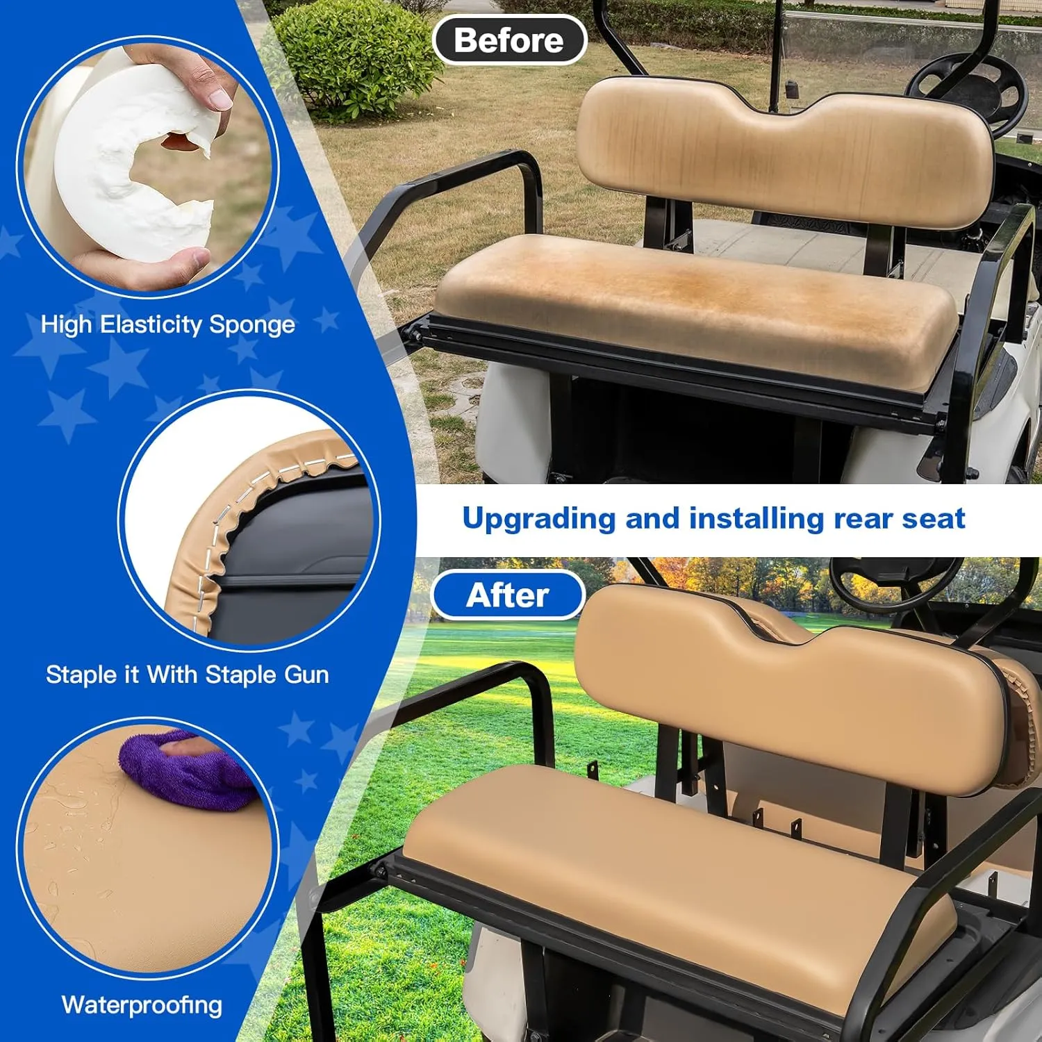 NOKINS Golf Cart Rear Seat Replacement Cushion, Universal Back Seat Cushions for Yamaha/EZGO TXT/RXV/Club Car Precedent/DS, Waterproof Vinyl Leather & Memory Foam, Tan