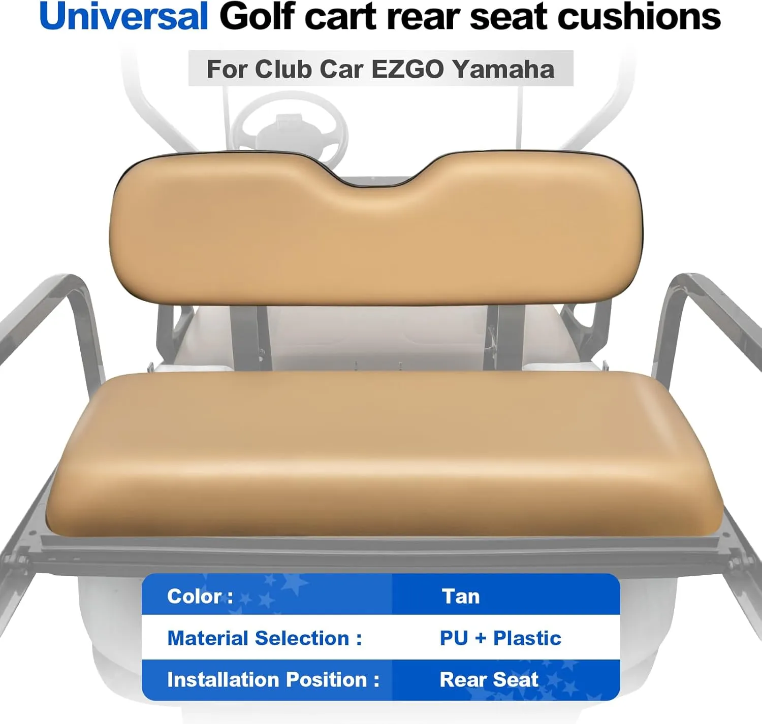 NOKINS Golf Cart Rear Seat Replacement Cushion, Universal Back Seat Cushions for Yamaha/EZGO TXT/RXV/Club Car Precedent/DS, Waterproof Vinyl Leather & Memory Foam, Tan