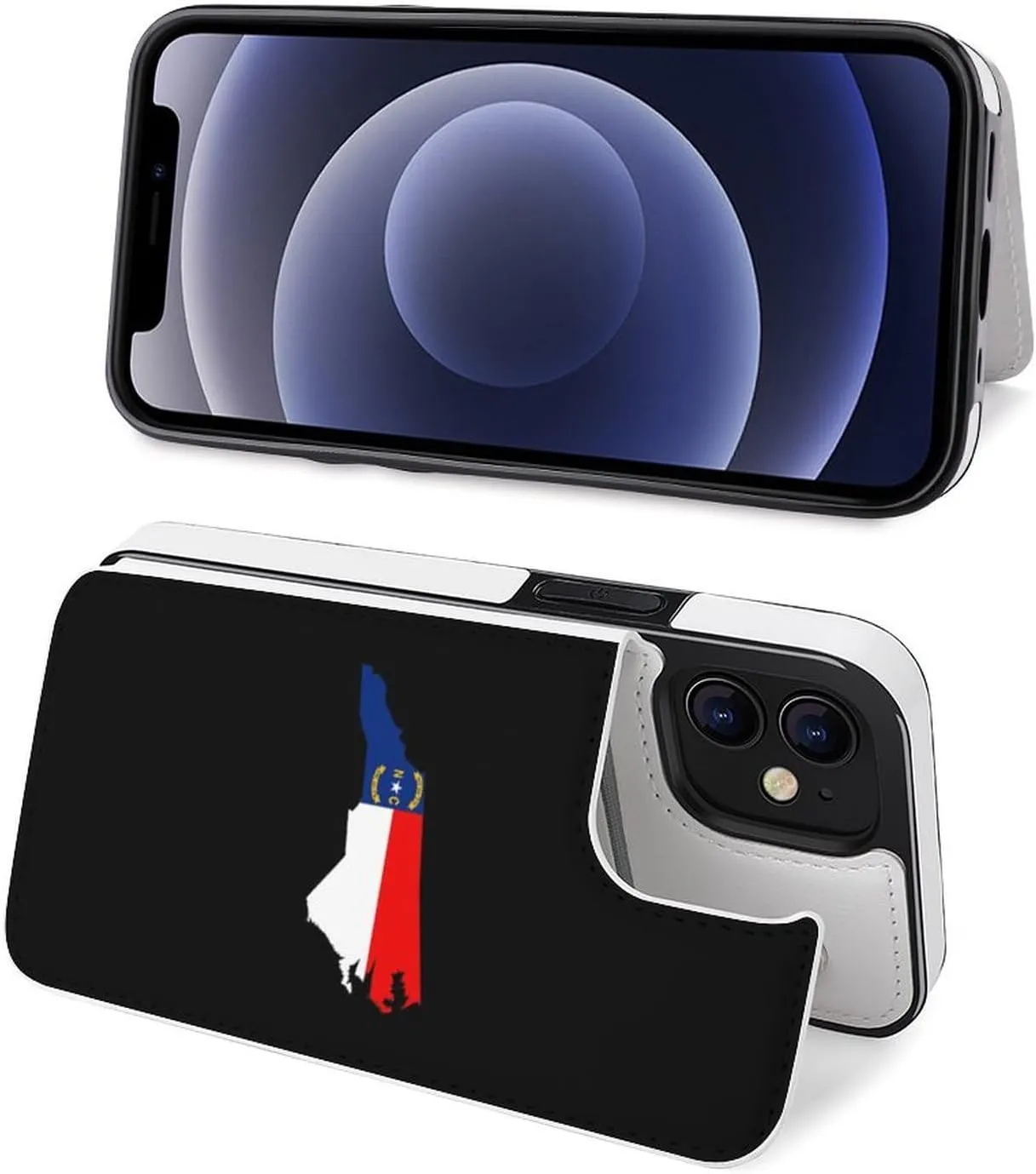 North Carolina State Flag Map Flip Premium Leather Case with Credit Card Holder Kickstand Function Compatible for iPhone 12 Series