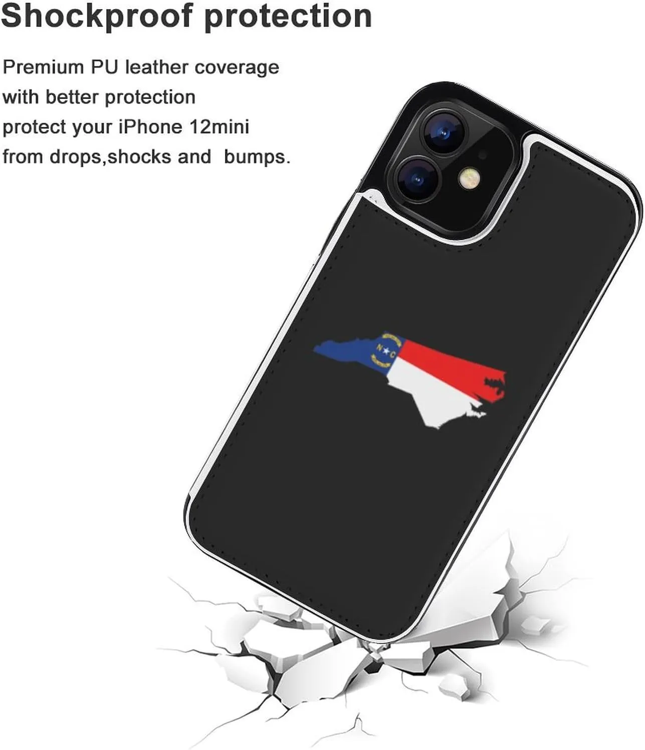North Carolina State Flag Map Flip Premium Leather Case with Credit Card Holder Kickstand Function Compatible for iPhone 12 Series