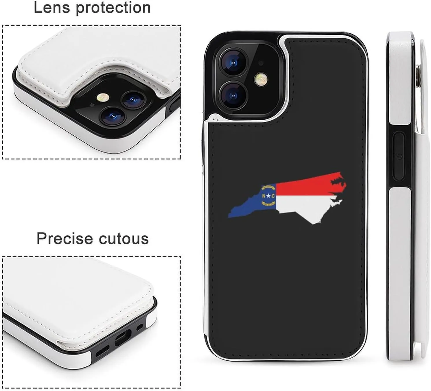 North Carolina State Flag Map Flip Premium Leather Case with Credit Card Holder Kickstand Function Compatible for iPhone 12 Series