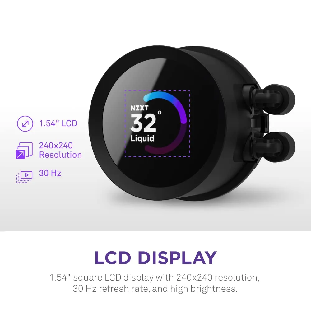 NZXT Kraken 240 RGB - 240mm AIO CPU Liquid Cooler - Customizable 1.54" Square LCD Display for Images, Performance Metrics - High-Performance Pump - 2 x F120 RGB Core Fans - Black