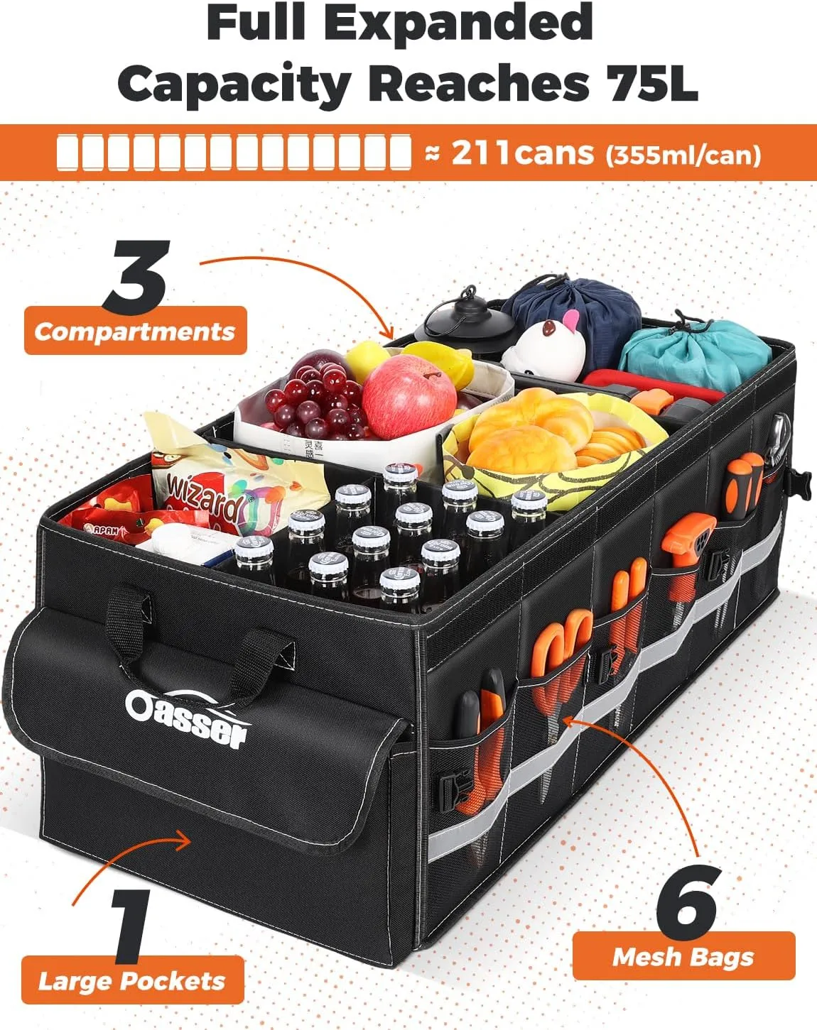 Oasser Car Trunk Organizer for SUV 75L Collapsible 4 Compartment Storage, Foldable Organizer Car Accessories for Women/Men