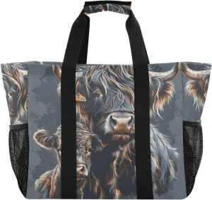 ODAWA Aesthetic Travel Beach Tote for Mens - Lightweight Open Canvas Highland Cow and Calf Grocery Bags