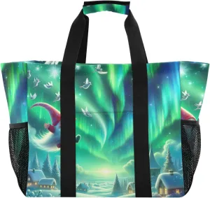 ODAWA Durable Open Beach Bag Tote for Mens, Large Waterproof Travel Bag, Green Aurora Cute Gnome