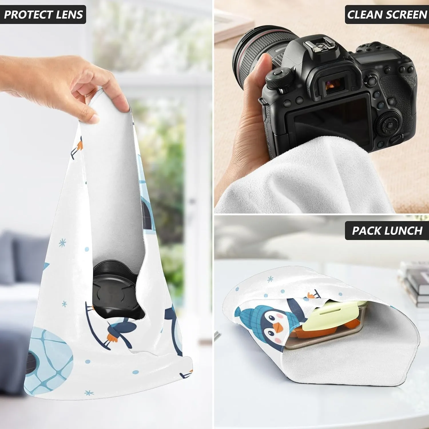 ODAWA Self-adhesive Cloth 21.7"x21.7" Cute Penguins Multi-purpose Wrap Cloth Wrap Protection for Camera and Lens