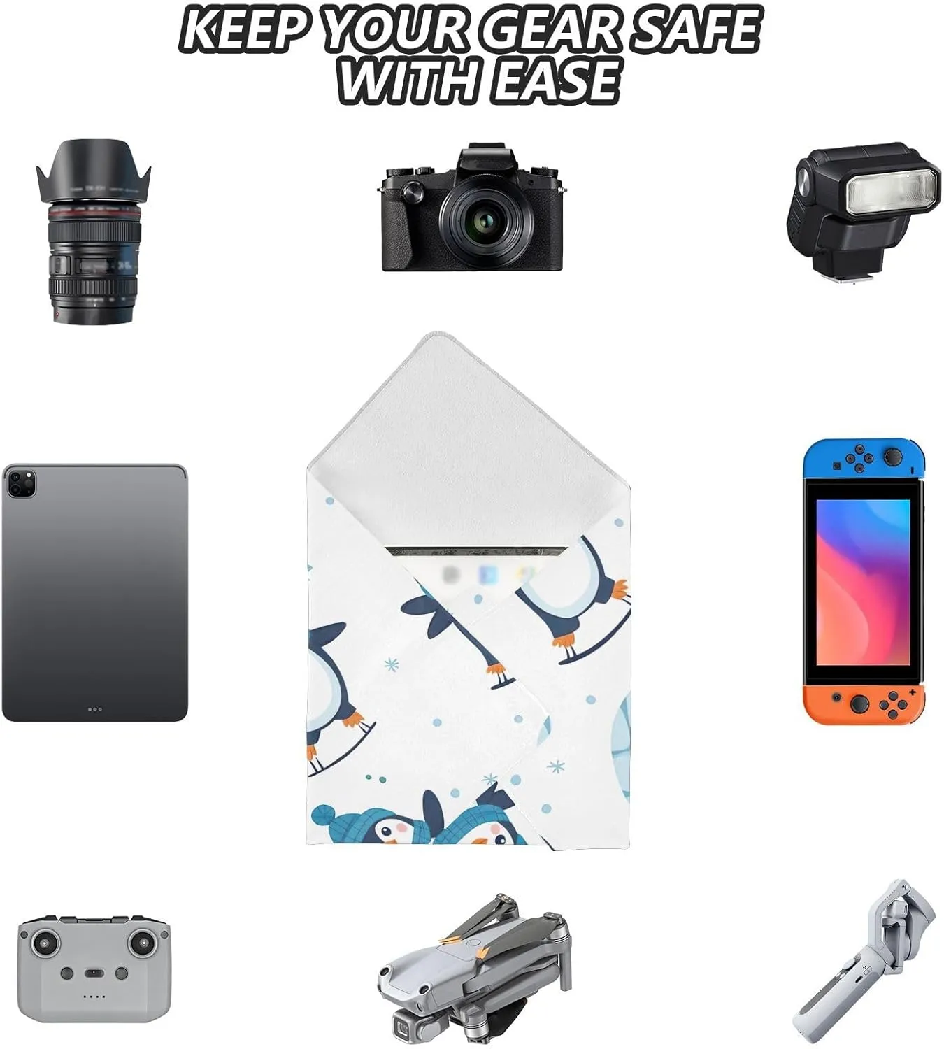 ODAWA Self-adhesive Cloth 21.7"x21.7" Cute Penguins Multi-purpose Wrap Cloth Wrap Protection for Camera and Lens