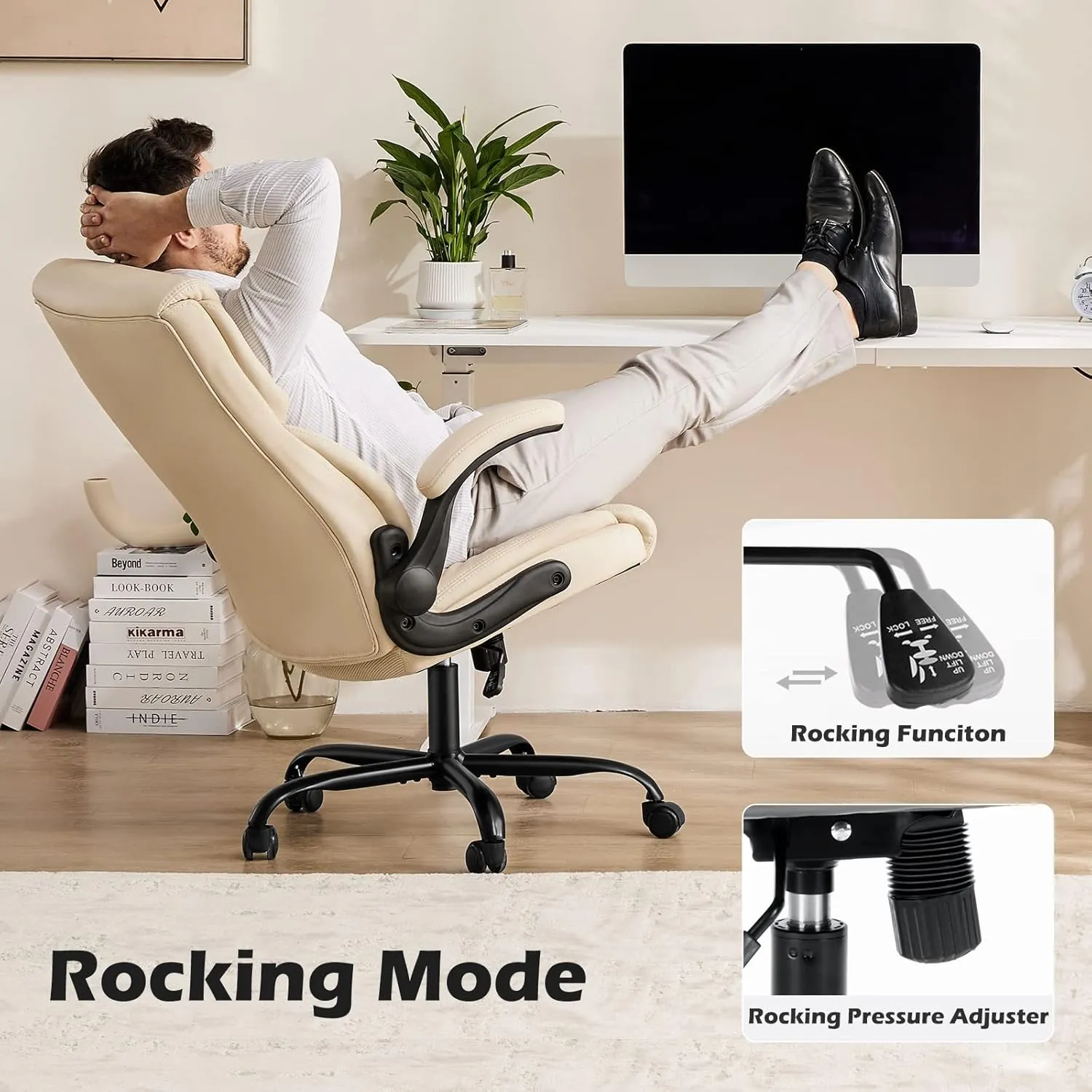 Office Chair - Ergonomic Executive Computer Desk Chairs with Adjustable Flip-up Armrest, Swivel Task Chair with Lumbar Support, Strong Metal Base, PU Leather, White