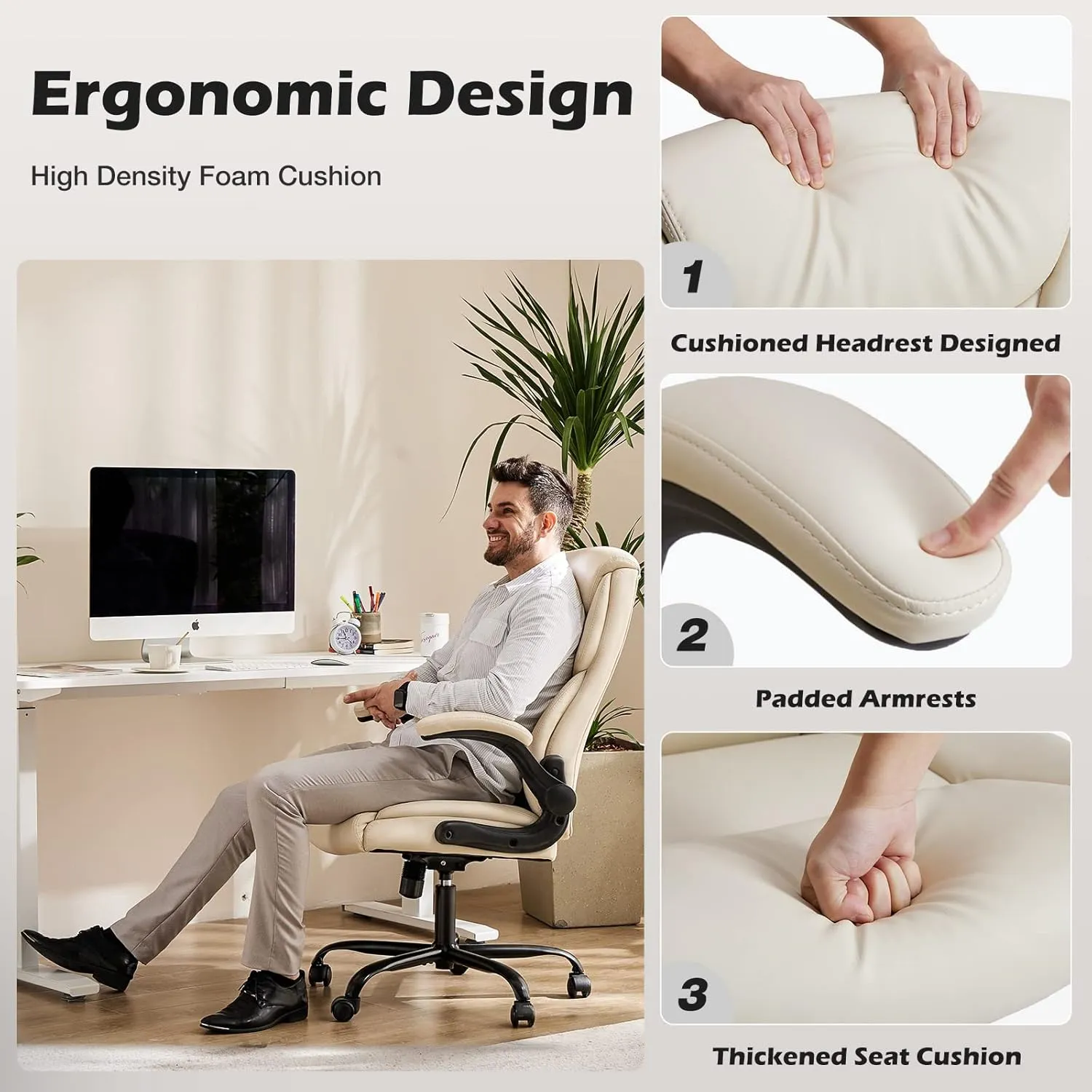 Office Chair - Ergonomic Executive Computer Desk Chairs with Adjustable Flip-up Armrest, Swivel Task Chair with Lumbar Support, Strong Metal Base, PU Leather, White