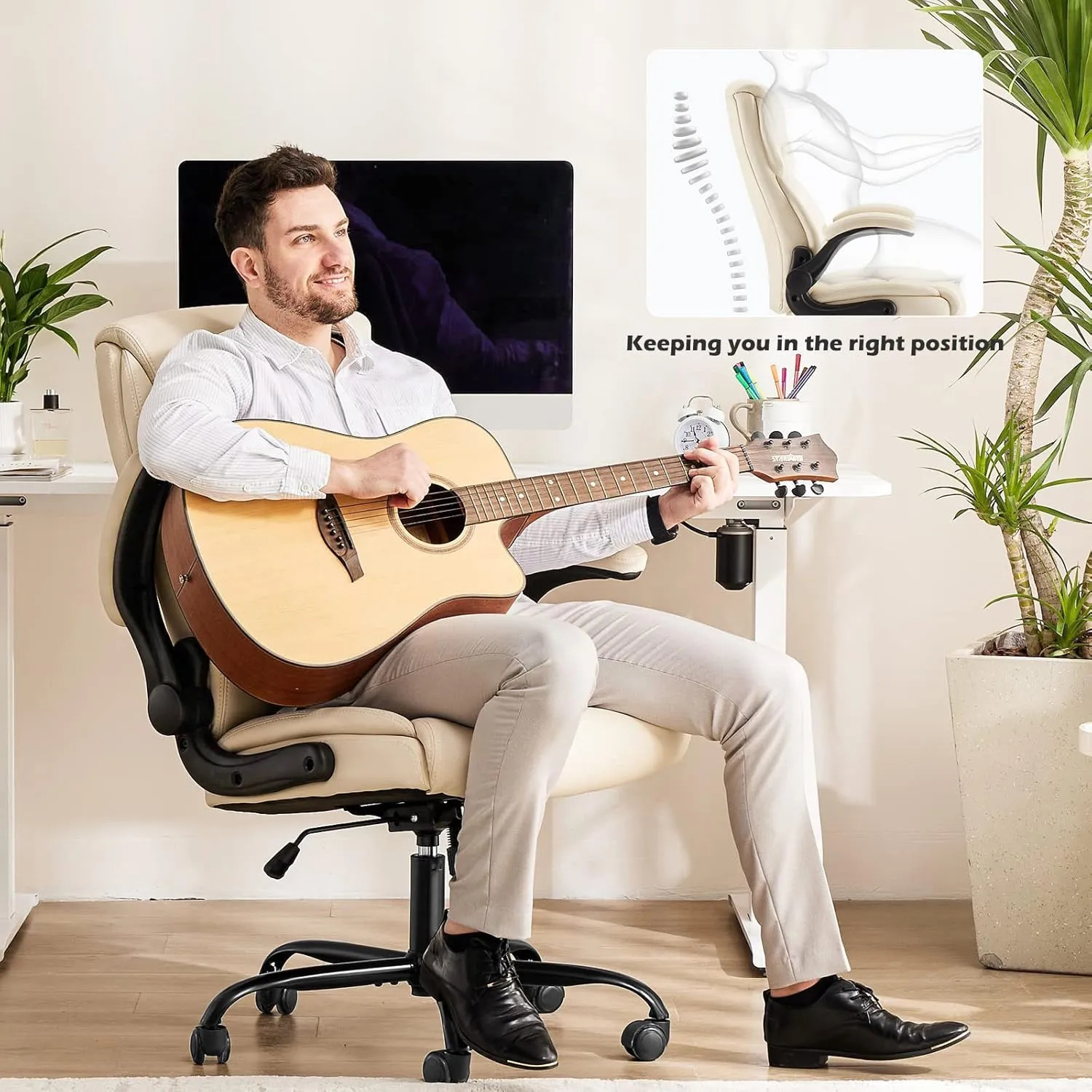Office Chair - Ergonomic Executive Computer Desk Chairs with Adjustable Flip-up Armrest, Swivel Task Chair with Lumbar Support, Strong Metal Base, PU Leather, White