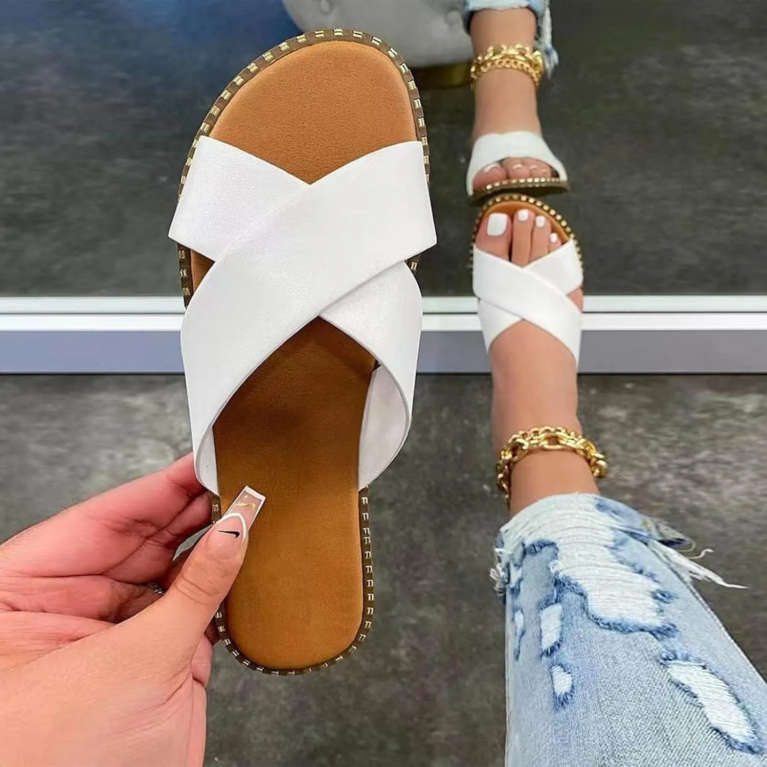 oiangi Slide Sandals Women Studded Flats Summer Casual Open Toe Slip-On Mule Crossed Strap Slipper Comfortable Ladies Shoes