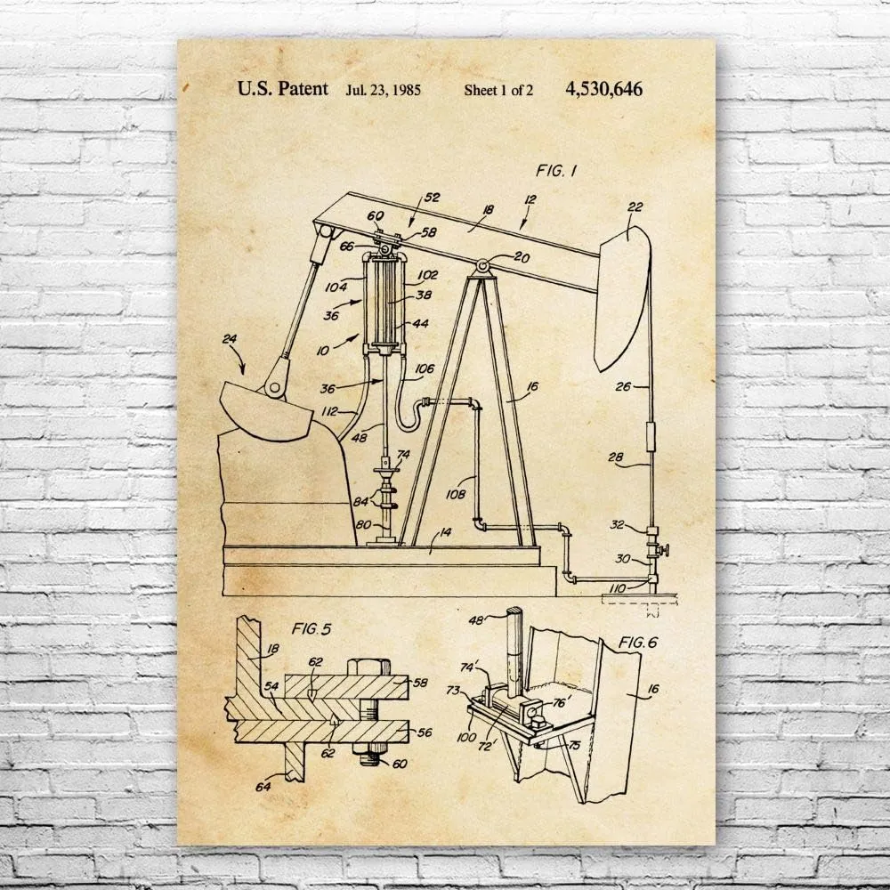 Oil Well Pump Jack Poster Print, Energy Contractor, Roughneck Gift, Oil Industry Art, Oil Rig Blueprint, Oil Wife Gift Vintage Paper (24 inch x 36 inch)
