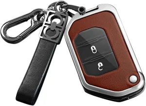 ontto Car Key Bag Metal and Leather Key Fob Shell Fit for Jeep Wrangler JL JLU Gladiator JT Rubicon Sahara JLU 2019-up Car Accessories Anti-Scratched Key Cover Durable Key Skin Brown