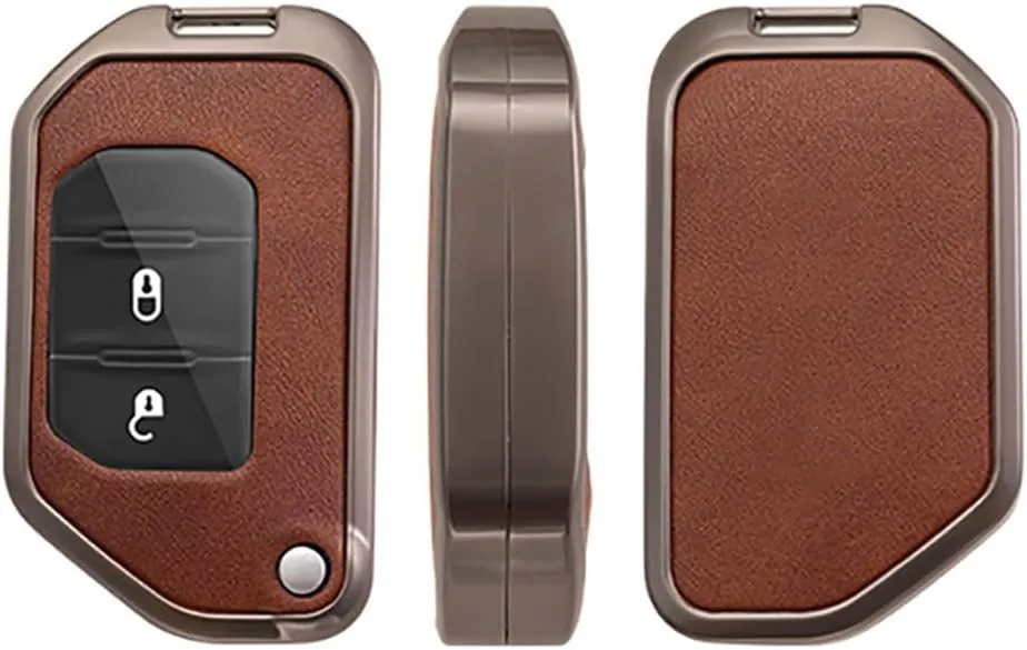 ontto Car Key Bag Metal and Leather Key Fob Shell Fit for Jeep Wrangler JL JLU Gladiator JT Rubicon Sahara JLU 2019-up Car Accessories Anti-Scratched Key Cover Durable Key Skin Brown