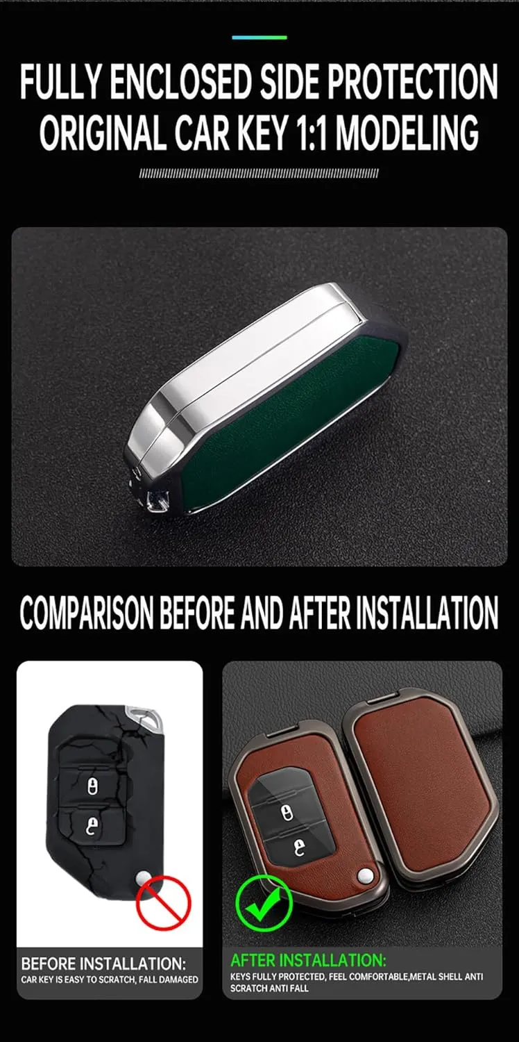 ontto Car Key Bag Metal and Leather Key Fob Shell Fit for Jeep Wrangler JL JLU Gladiator JT Rubicon Sahara JLU 2019-up Car Accessories Anti-Scratched Key Cover Durable Key Skin Brown
