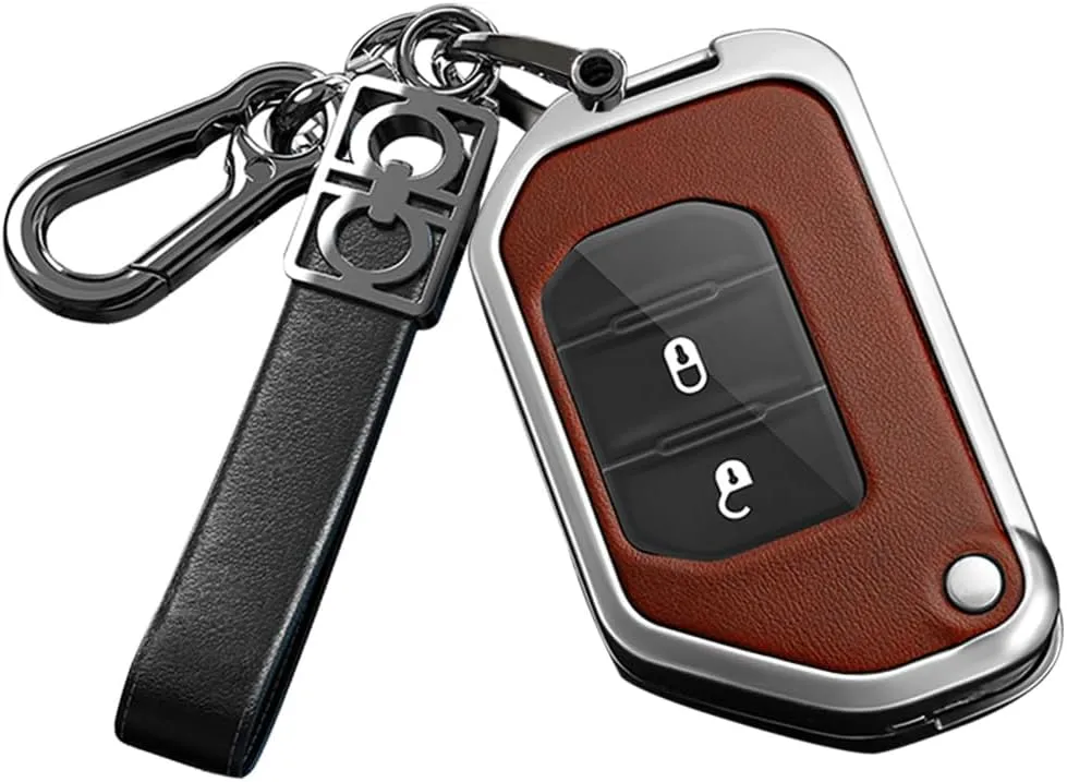 ontto Car Key Bag Metal and Leather Key Fob Shell Fit for Jeep Wrangler JL JLU Gladiator JT Rubicon Sahara JLU 2019-up Car Accessories Anti-Scratched Key Cover Durable Key Skin Brown