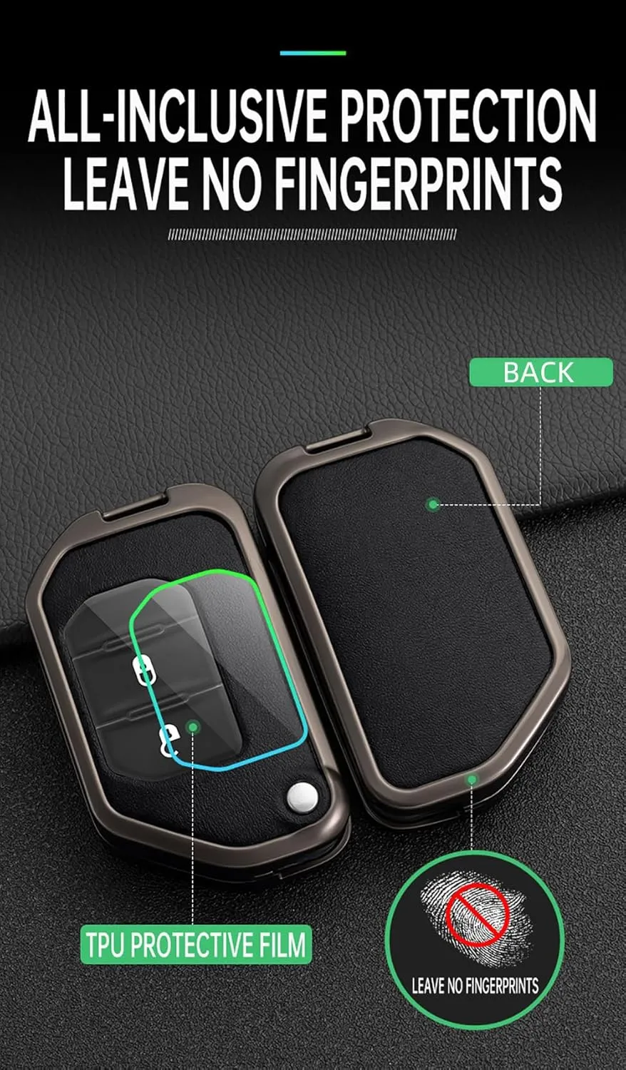ontto Flip Folding Key Fob Skin Compatible with Jeep Wrangler JL JLU Gladiator JT Rubicon Sahara JLU 2019-up Car Accessories Solid Car Key Bag Metal and Leather Key Protector Green