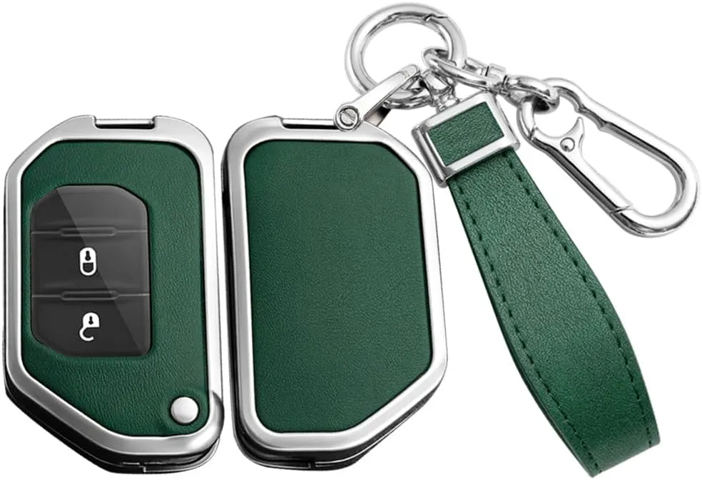 ontto Flip Folding Key Fob Skin Compatible with Jeep Wrangler JL JLU Gladiator JT Rubicon Sahara JLU 2019-up Car Accessories Solid Car Key Bag Metal and Leather Key Protector Green