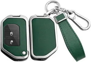 ontto Flip Folding Key Fob Skin Compatible with Jeep Wrangler JL JLU Gladiator JT Rubicon Sahara JLU 2019-up Car Accessories Solid Car Key Bag Metal and Leather Key Protector Green