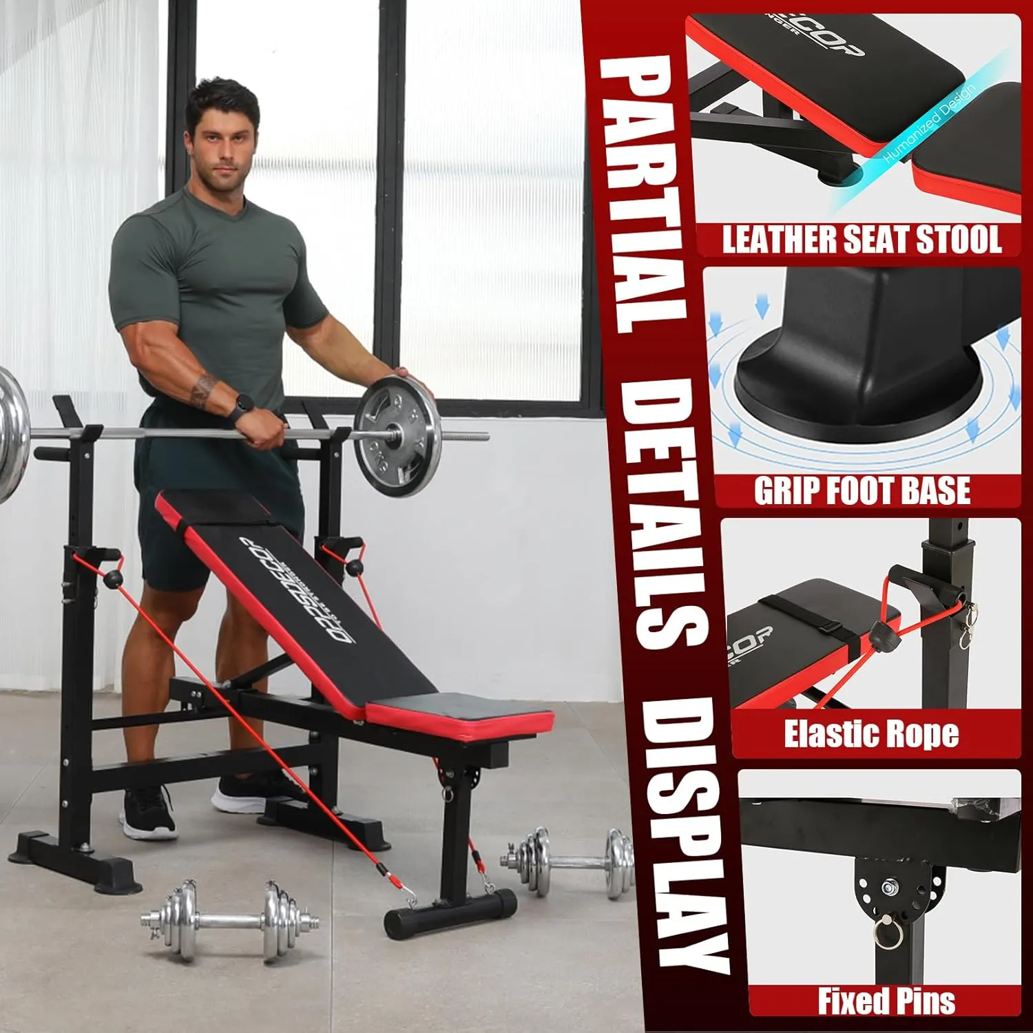 OPPSDECOR 600lbs 6 in 1 Weight Bench Set with Squat Rack Foldable Bench Press with Removable Foot Catch Adjustable Workout Bench for Home Gym