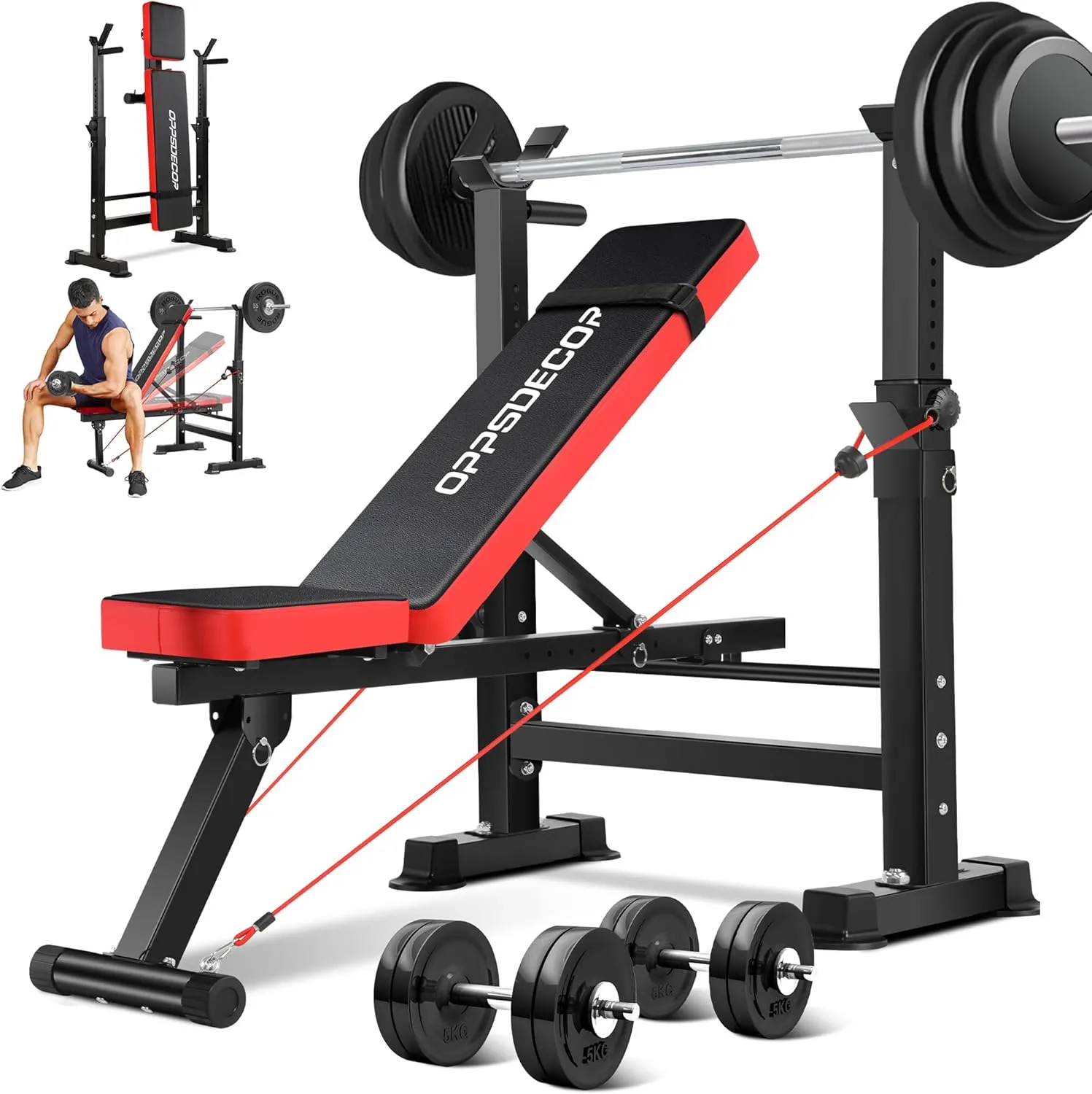 OPPSDECOR 600lbs 6 in 1 Weight Bench Set with Squat Rack Foldable Bench Press with Removable Foot Catch Adjustable Workout Bench for Home Gym