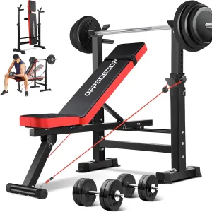 OPPSDECOR 600lbs 6 in 1 Weight Bench Set with Squat Rack Foldable Bench Press with Removable Foot Catch Adjustable Workout Bench for Home Gym
