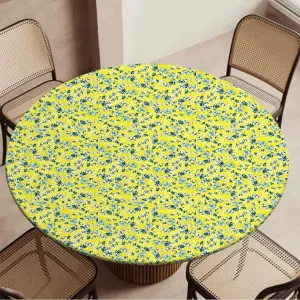 Orange Yellow Round Fitted Tablecloth with Elastic Edge Flowers Striped Retro Natural Art Soft-Touch Fitted Table Cloth, Waterproof Oil-Proof Table Cover Fit for 36"-39" Diameter Table Floral