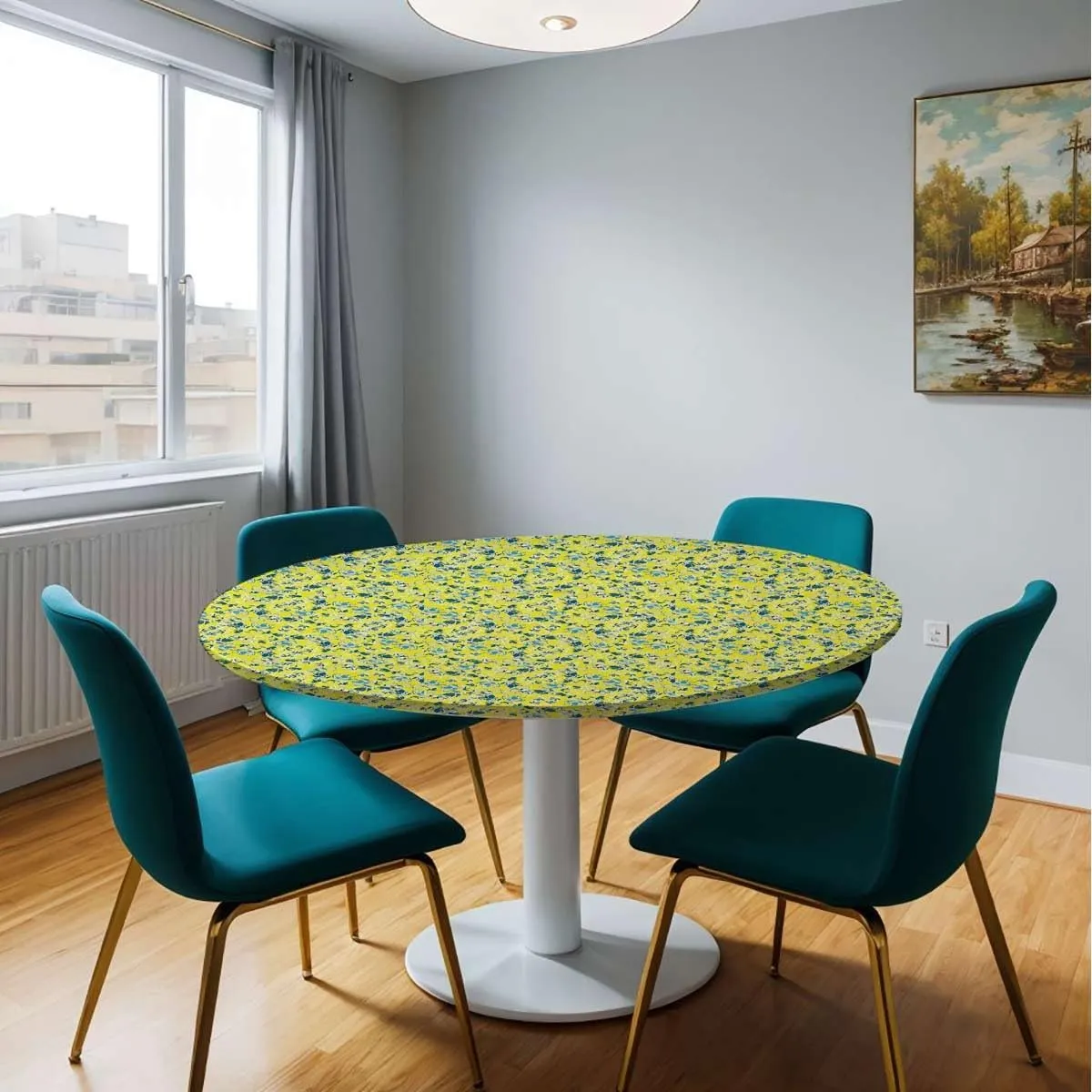 Orange Yellow Round Fitted Tablecloth with Elastic Edge Flowers Striped Retro Natural Art Soft-Touch Fitted Table Cloth, Waterproof Oil-Proof Table Cover Fit for 36"-39" Diameter Table Floral