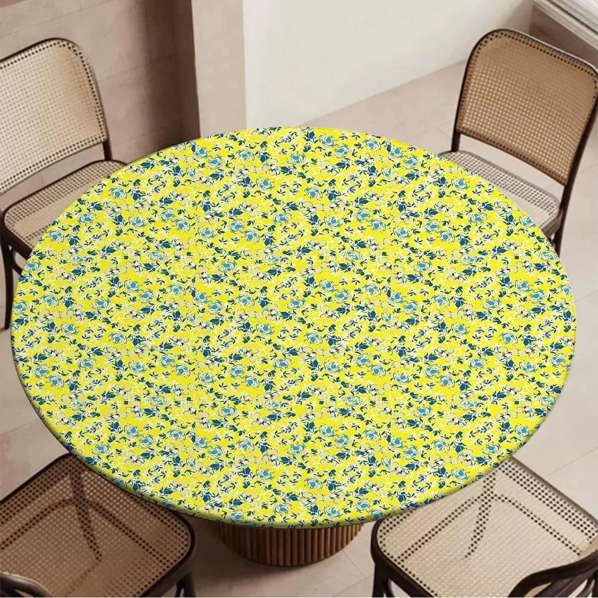 Orange Yellow Round Fitted Tablecloth with Elastic Edge Flowers Striped Retro Natural Art Soft-Touch Fitted Table Cloth, Waterproof Oil-Proof Table Cover Fit for 36"-39" Diameter Table Floral