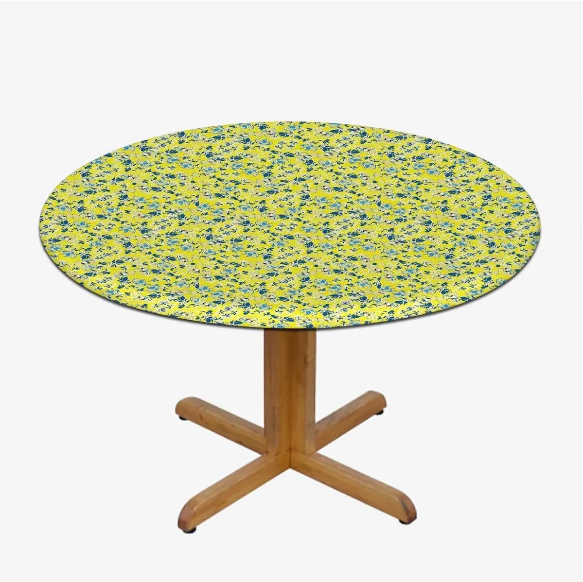 Orange Yellow Round Fitted Tablecloth with Elastic Edge Flowers Striped Retro Natural Art Soft-Touch Fitted Table Cloth, Waterproof Oil-Proof Table Cover Fit for 36"-39" Diameter Table Floral