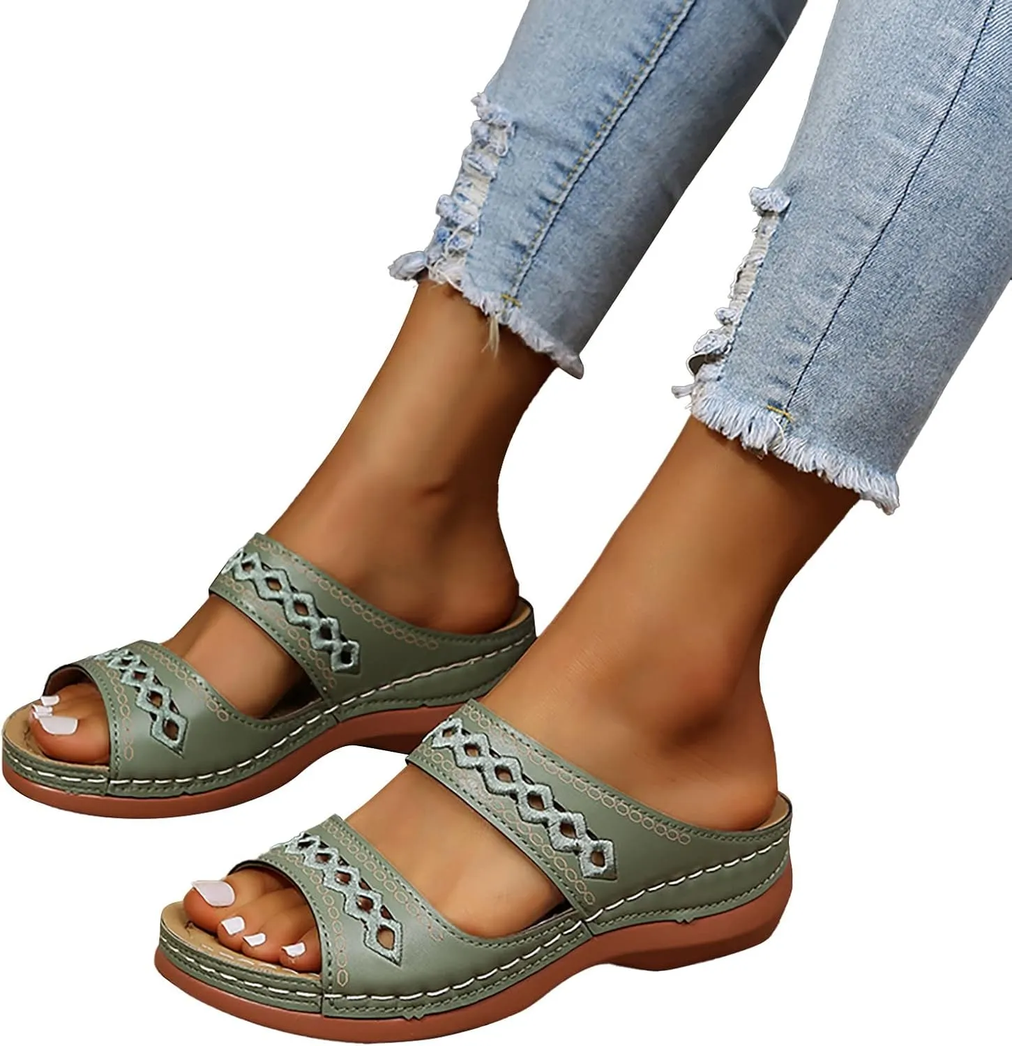 Orthopedic Sandals for Women, Women Wedge Walking Slippers with Arch Support Anti-Slip Breathable Sandal Slip On Flip Flops Dressy Summer Comfy Platform Beach Travel Sandal Shoes (04-Green, 7.5)