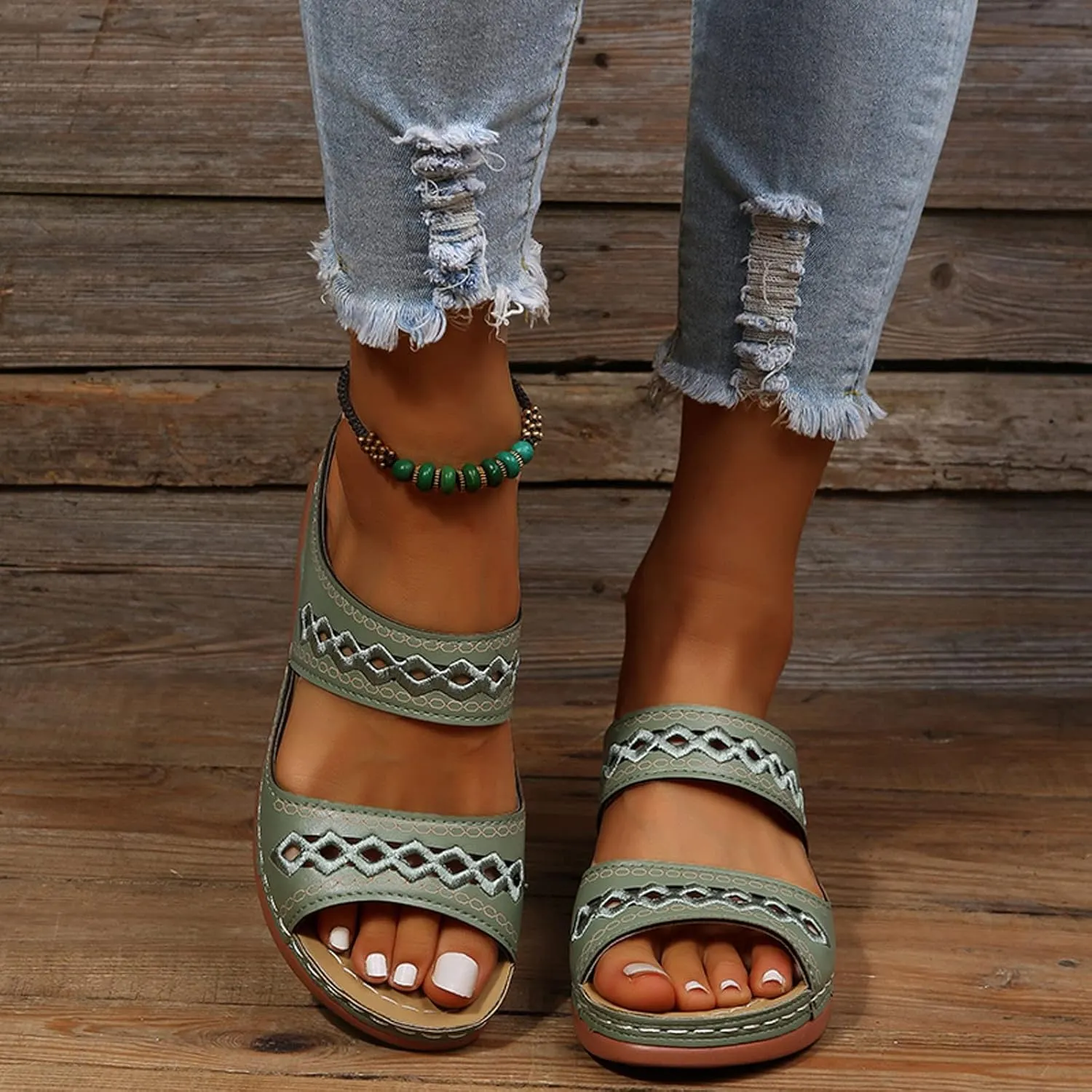 Orthopedic Sandals for Women, Women Wedge Walking Slippers with Arch Support Anti-Slip Breathable Sandal Slip On Flip Flops Dressy Summer Comfy Platform Beach Travel Sandal Shoes (04-Green, 7.5)