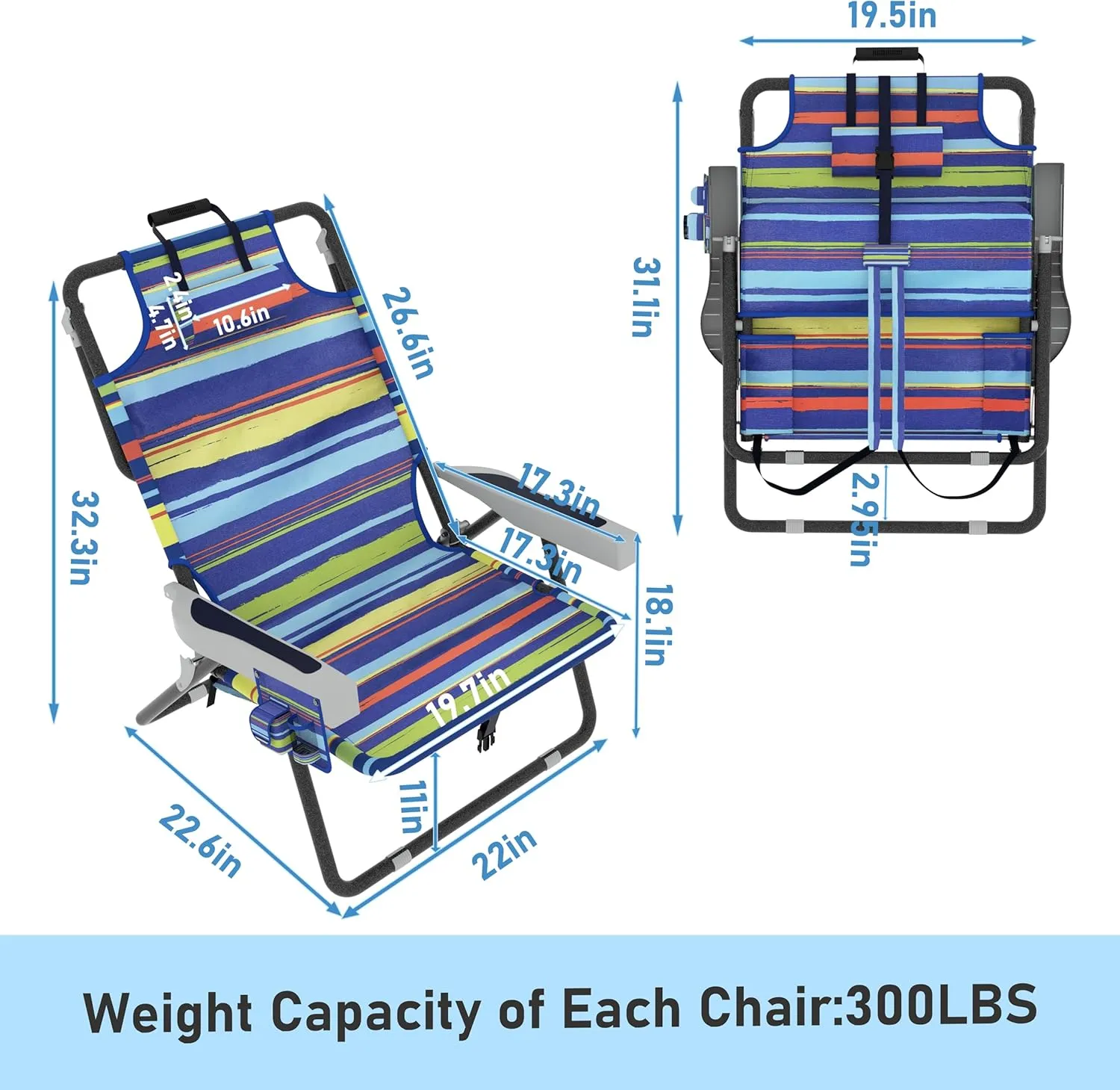 Outdoor Beach Foldable Chaise Lounge Chair with Detachable Pillow & Pocket, Portable Tanning Chair with 5 Position Adjustable Back, Beach, Pool and Camping, Multi Color
