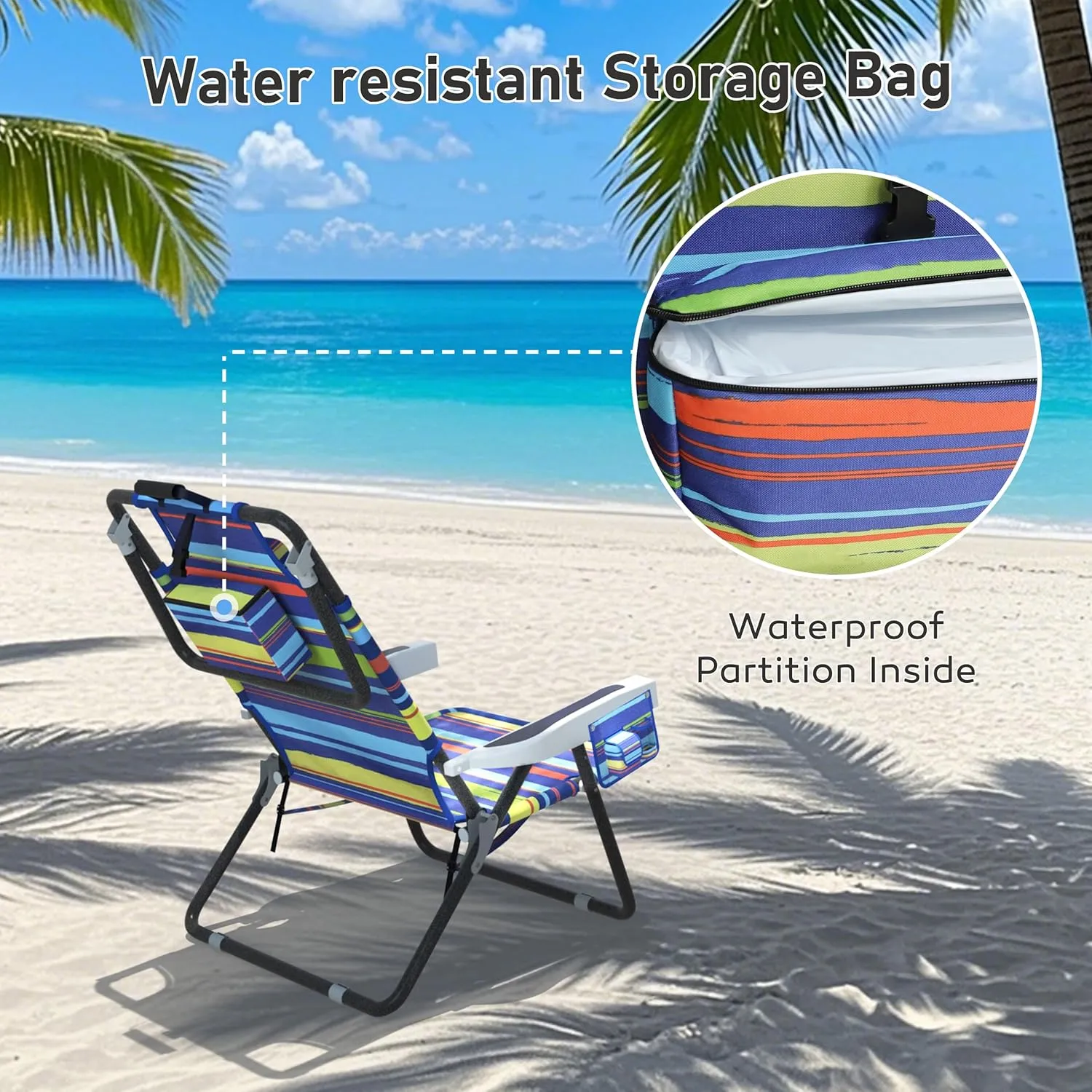 Outdoor Beach Foldable Chaise Lounge Chair with Detachable Pillow & Pocket, Portable Tanning Chair with 5 Position Adjustable Back, Beach, Pool and Camping, Multi Color