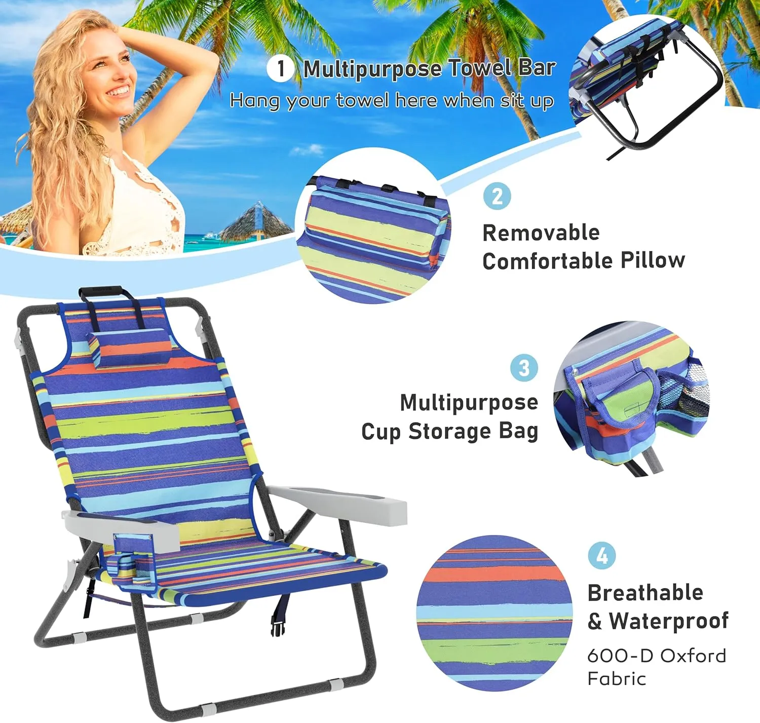 Outdoor Beach Foldable Chaise Lounge Chair with Detachable Pillow & Pocket, Portable Tanning Chair with 5 Position Adjustable Back, Beach, Pool and Camping, Multi Color