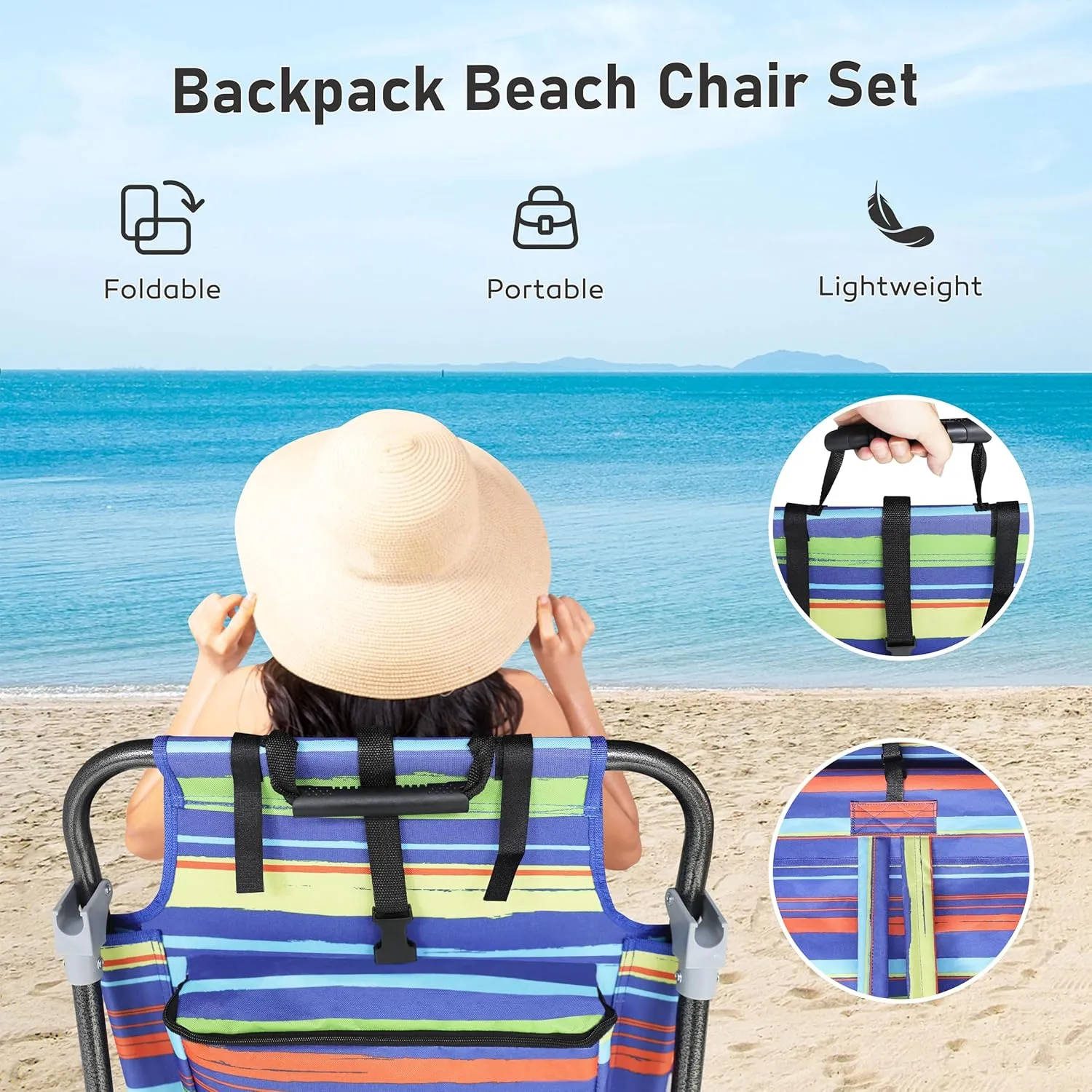 Outdoor Beach Foldable Chaise Lounge Chair with Detachable Pillow & Pocket, Portable Tanning Chair with 5 Position Adjustable Back, Beach, Pool and Camping, Multi Color