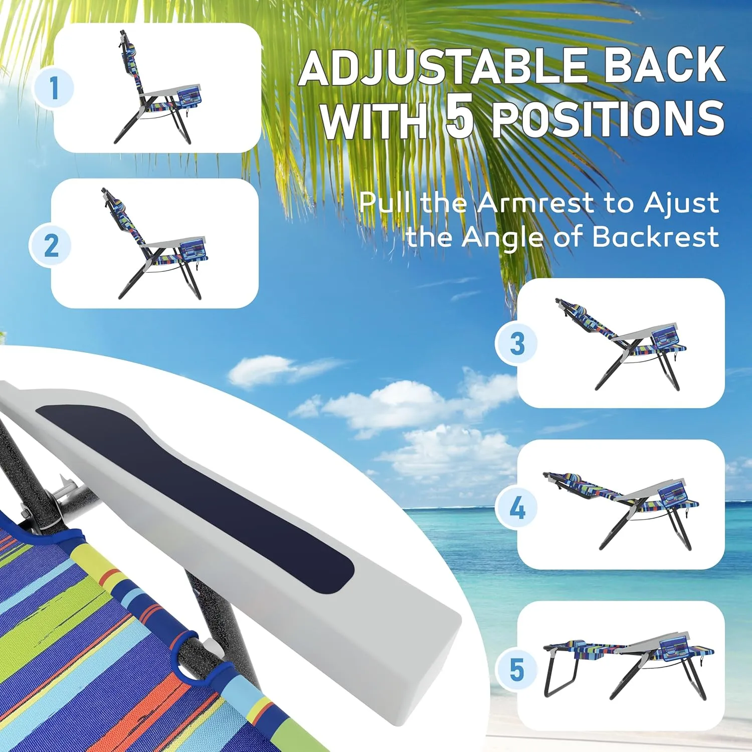 Outdoor Beach Foldable Chaise Lounge Chair with Detachable Pillow & Pocket, Portable Tanning Chair with 5 Position Adjustable Back, Beach, Pool and Camping, Multi Color