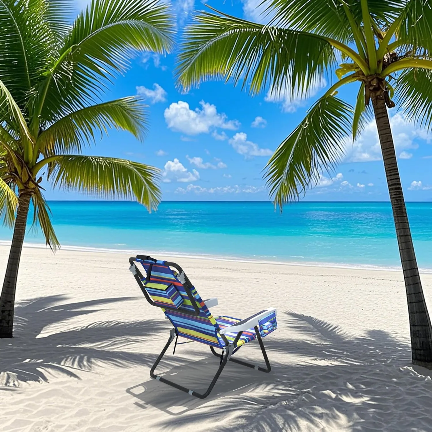 Outdoor Beach Foldable Chaise Lounge Chair with Detachable Pillow & Pocket, Portable Tanning Chair with 5 Position Adjustable Back, Beach, Pool and Camping, Multi Color