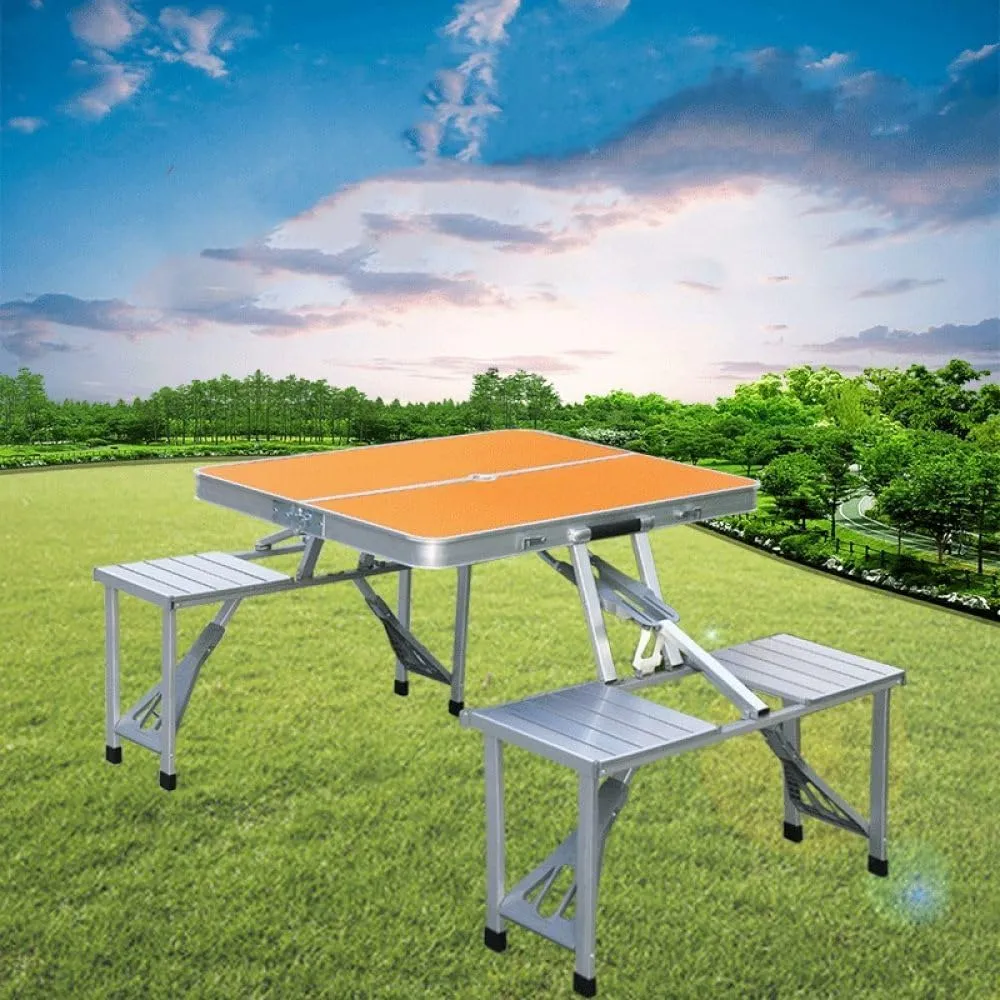 Outdoor Camping Folding Table and Chair One Table Four Chairs Aluminum Alloy Connected Simple Portable Folding Picnic Table,Orange (Silver)