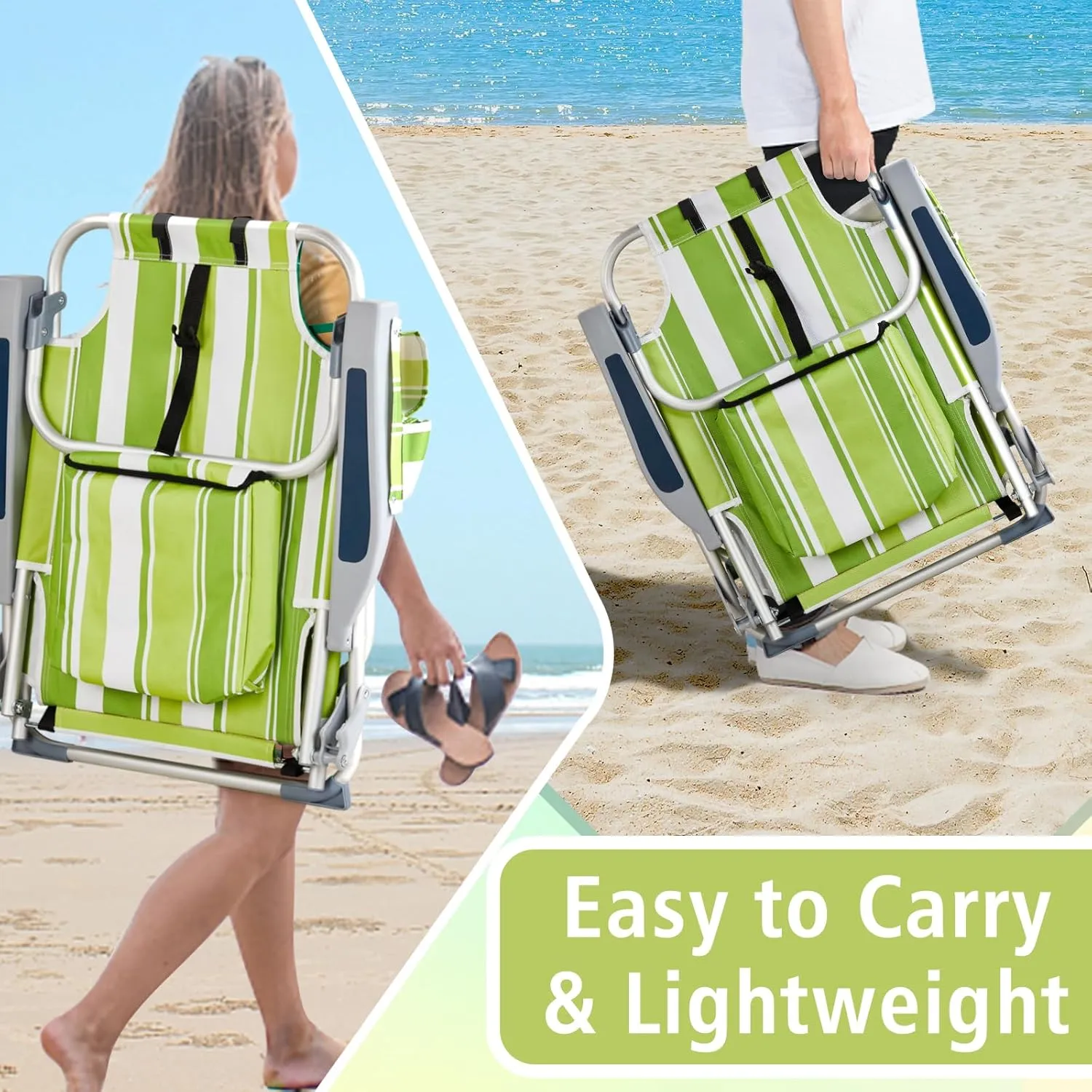 Outdoor Low Beach Lawn Chair,Portable Lightweight Folding Chair for Adults,Folding Beach Chair,Portable Backpack Foldable Camping Chair,with Cup Holder,for Patio Pool Yard Garden (Green Stripes)