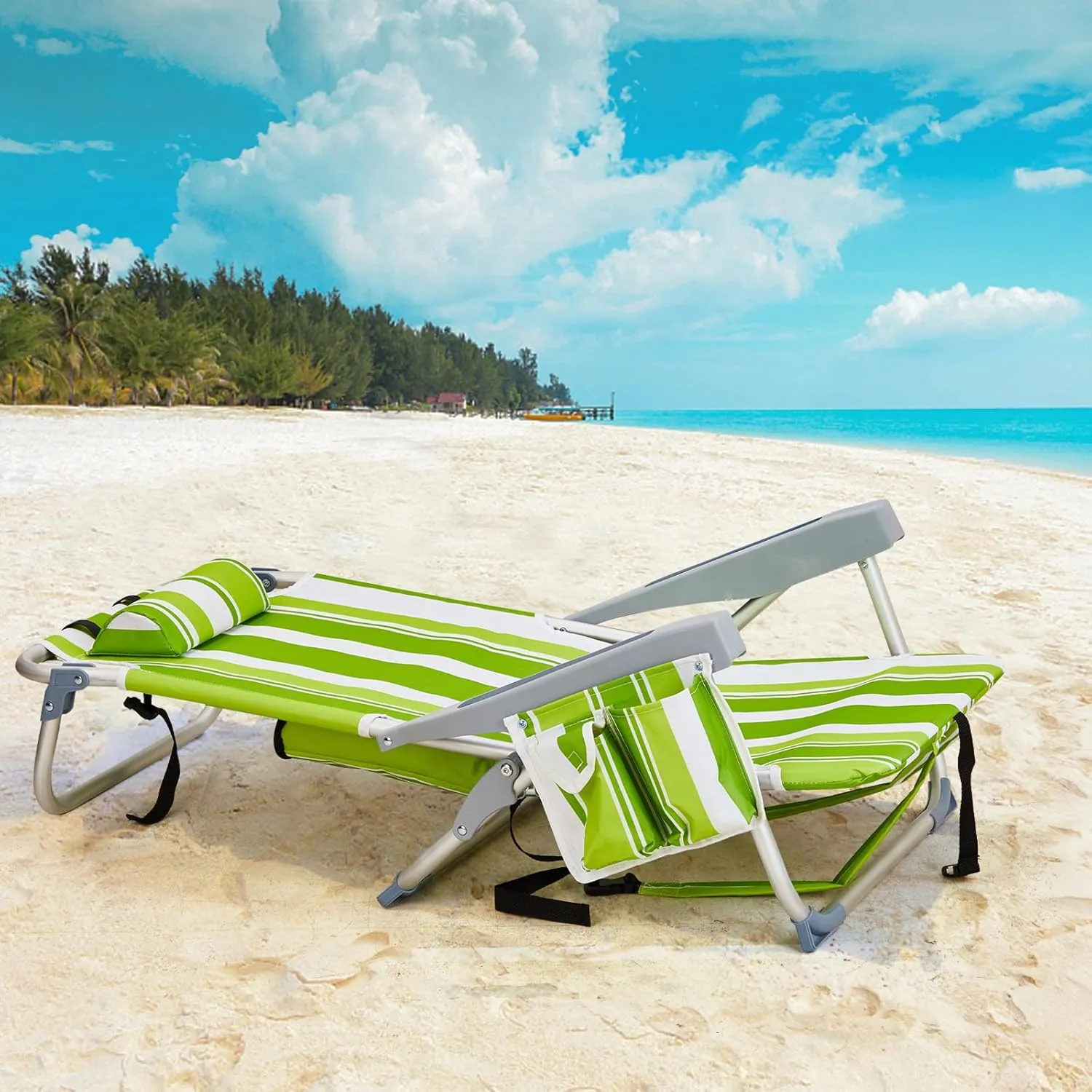 Outdoor Low Beach Lawn Chair,Portable Lightweight Folding Chair for Adults,Folding Beach Chair,Portable Backpack Foldable Camping Chair,with Cup Holder,for Patio Pool Yard Garden (Green Stripes)