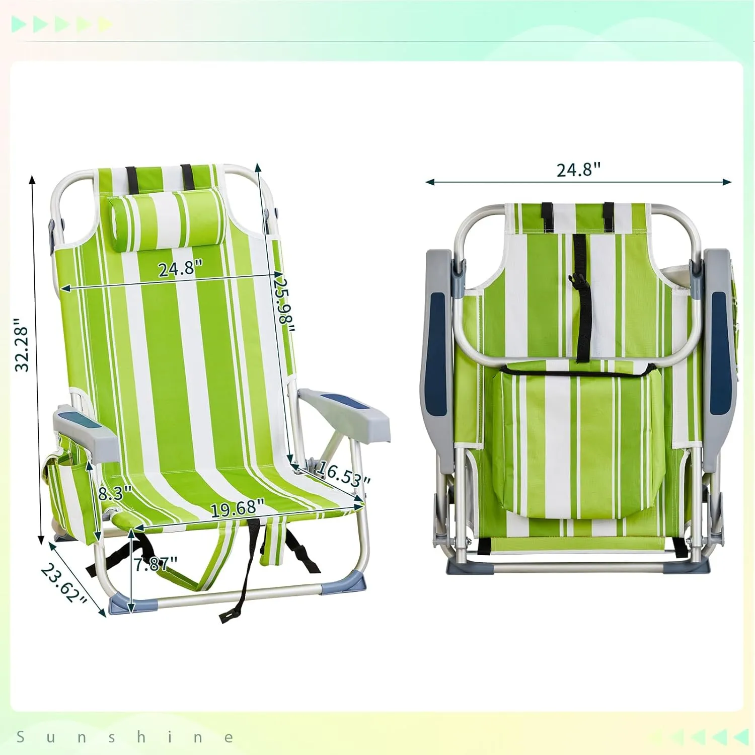 Outdoor Low Beach Lawn Chair,Portable Lightweight Folding Chair for Adults,Folding Beach Chair,Portable Backpack Foldable Camping Chair,with Cup Holder,for Patio Pool Yard Garden (Green Stripes)