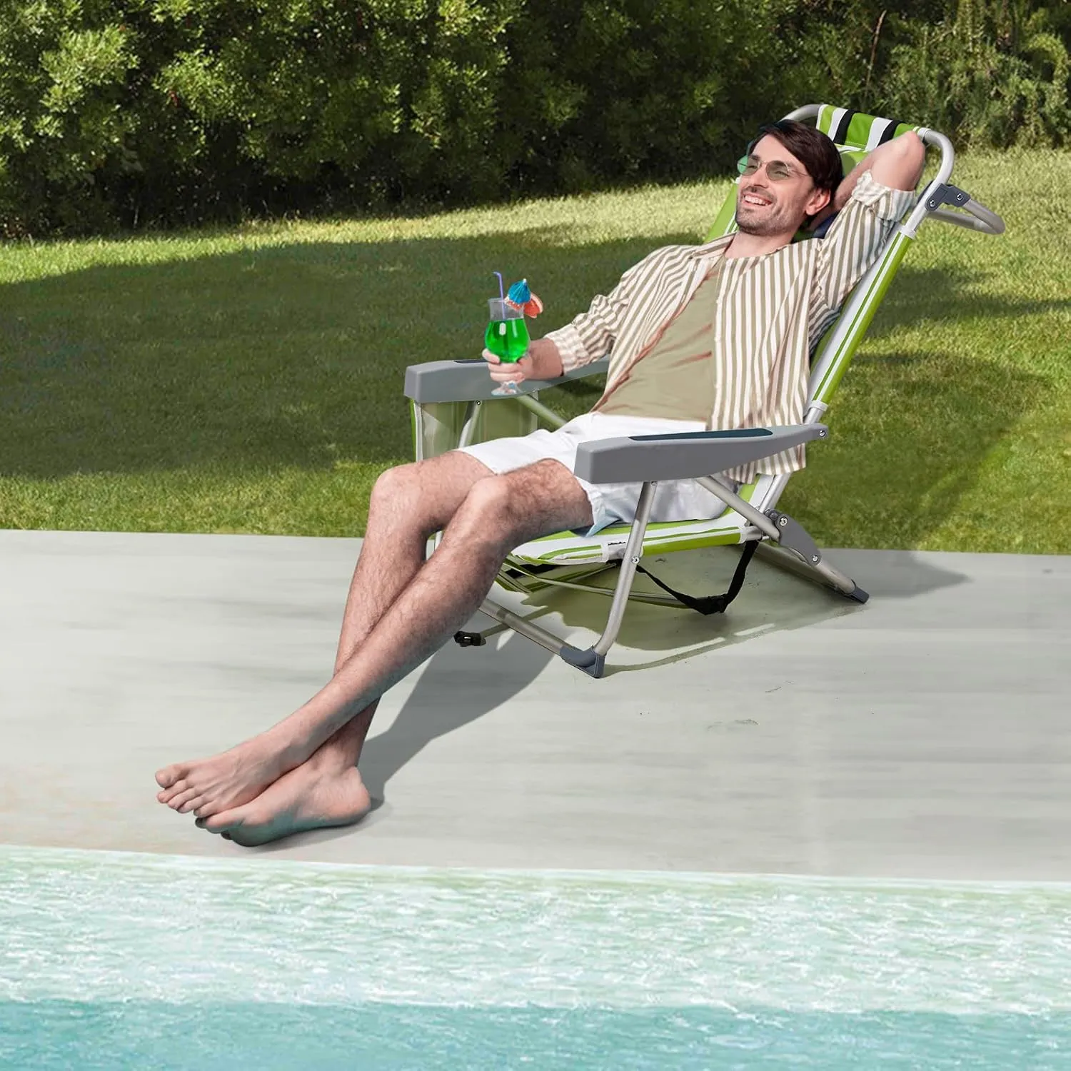 Outdoor Low Beach Lawn Chair,Portable Lightweight Folding Chair for Adults,Folding Beach Chair,Portable Backpack Foldable Camping Chair,with Cup Holder,for Patio Pool Yard Garden (Green Stripes)
