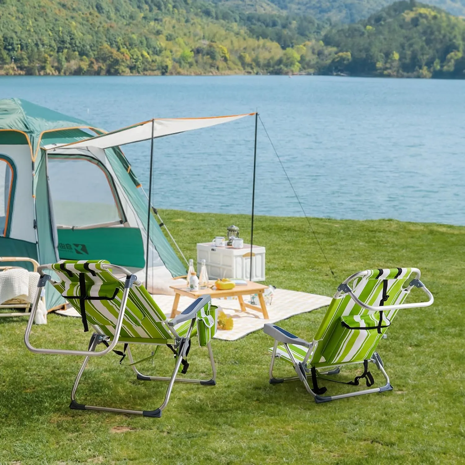 Outdoor Low Beach Lawn Chair,Portable Lightweight Folding Chair for Adults,Folding Beach Chair,Portable Backpack Foldable Camping Chair,with Cup Holder,for Patio Pool Yard Garden (Green Stripes)