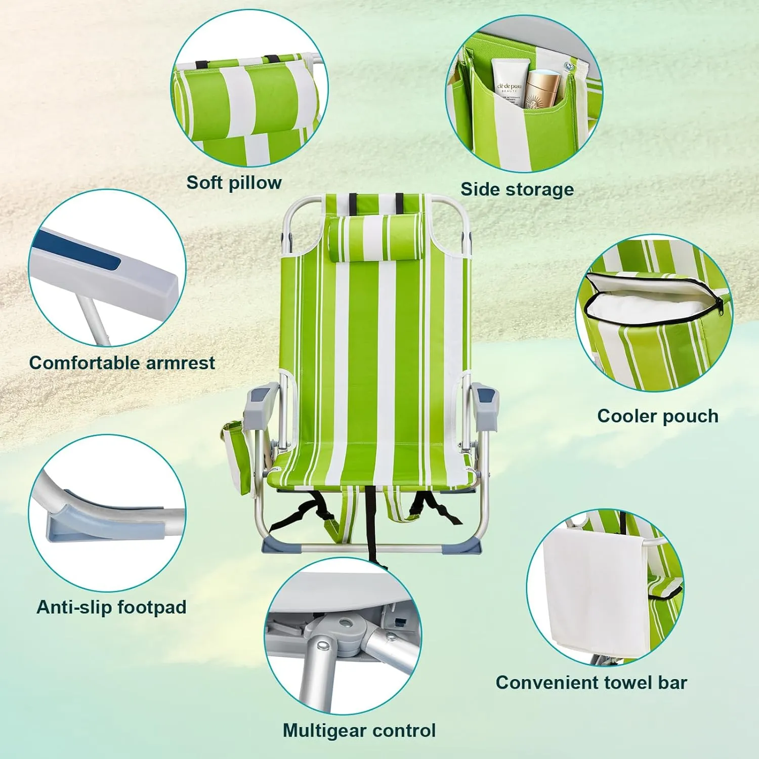 Outdoor Low Beach Lawn Chair,Portable Lightweight Folding Chair for Adults,Folding Beach Chair,Portable Backpack Foldable Camping Chair,with Cup Holder,for Patio Pool Yard Garden (Green Stripes)
